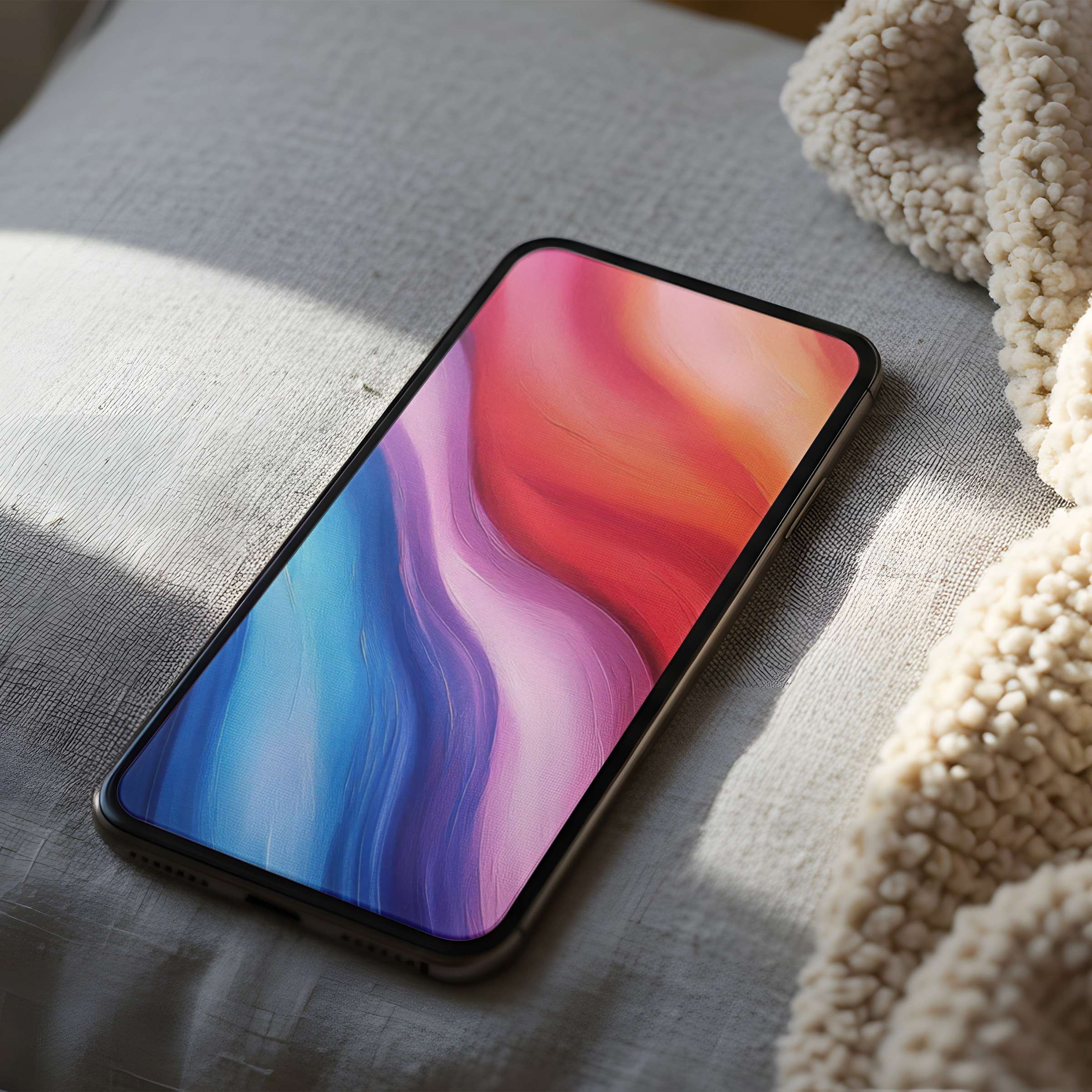 Elegant phone wallpaper featuring vibrant abstract waves in red, blue, and purple tones, perfect for iPhone and Android digital download