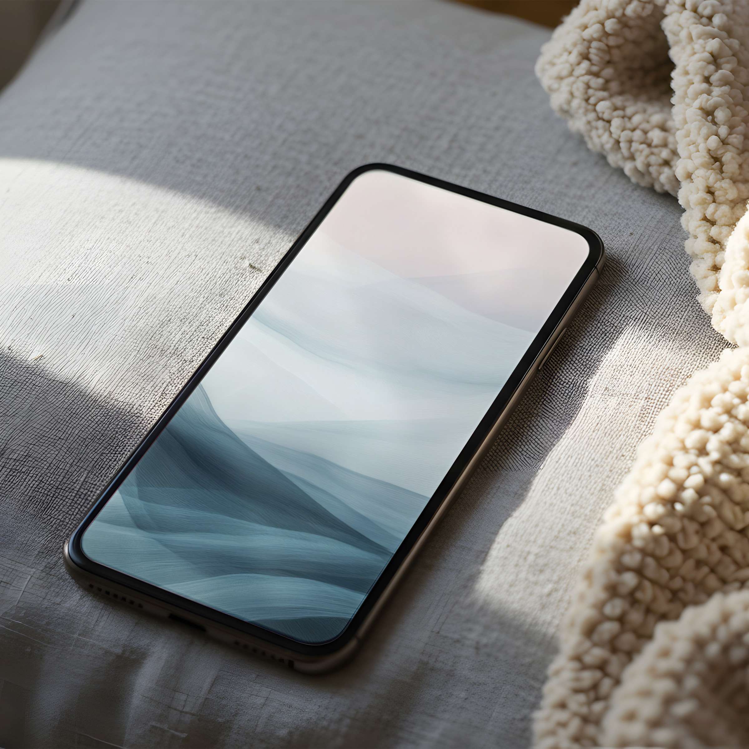 Serene abstract phone wallpaper in soft blues evokes tranquility, perfect for iPhone and Android, elevating your device with sustainable elegance