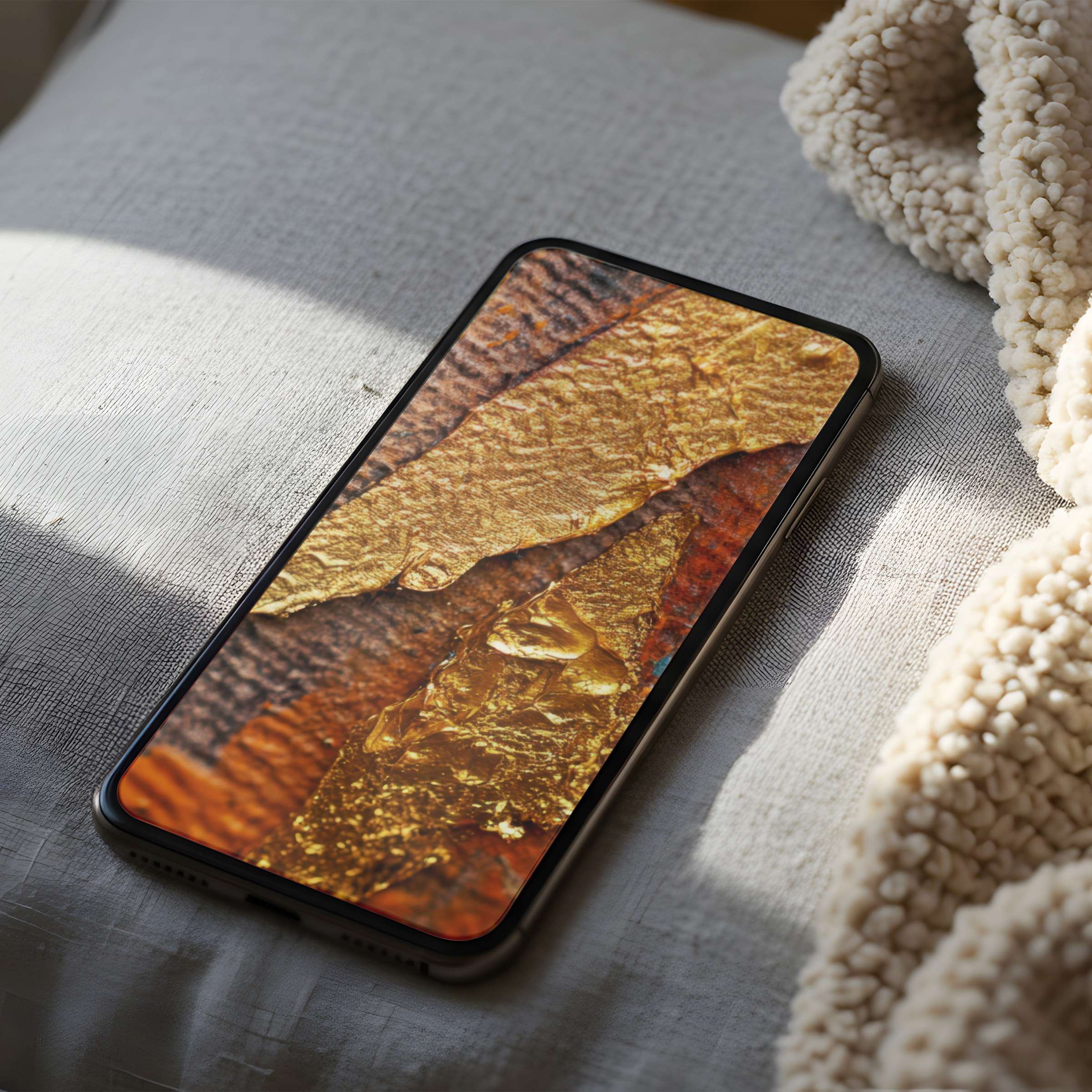 Luxurious phone wallpaper with rich gold textures on a cozy bed setting ideal for curated iPhone or Android digital download