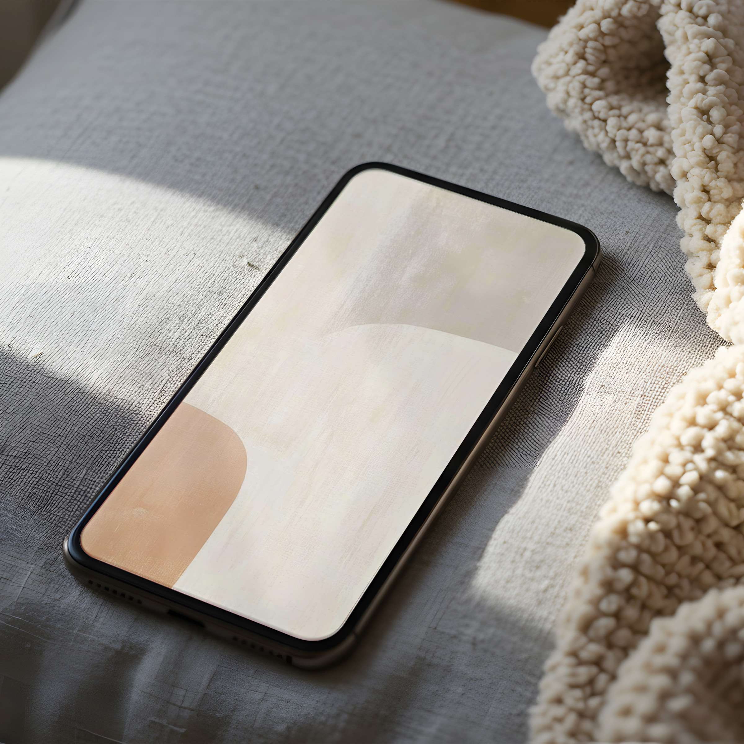 Elegant abstract phone wallpaper with soft beige curves on a bed, perfect for iPhone and Android, offering serene digital download