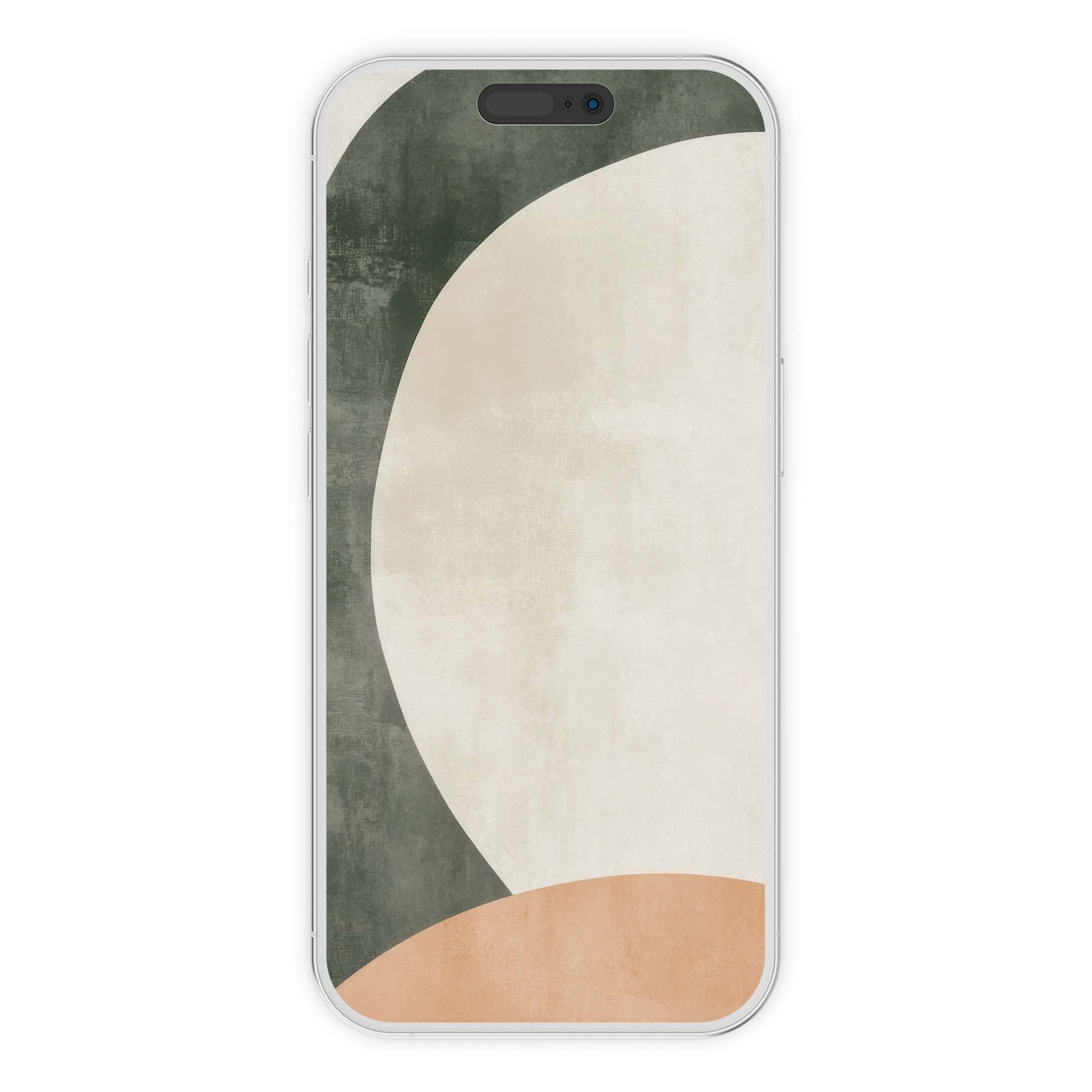 Abstract iPhone wallpaper with green, cream, and terracotta arcs for a calming phone background digital download on Android devices