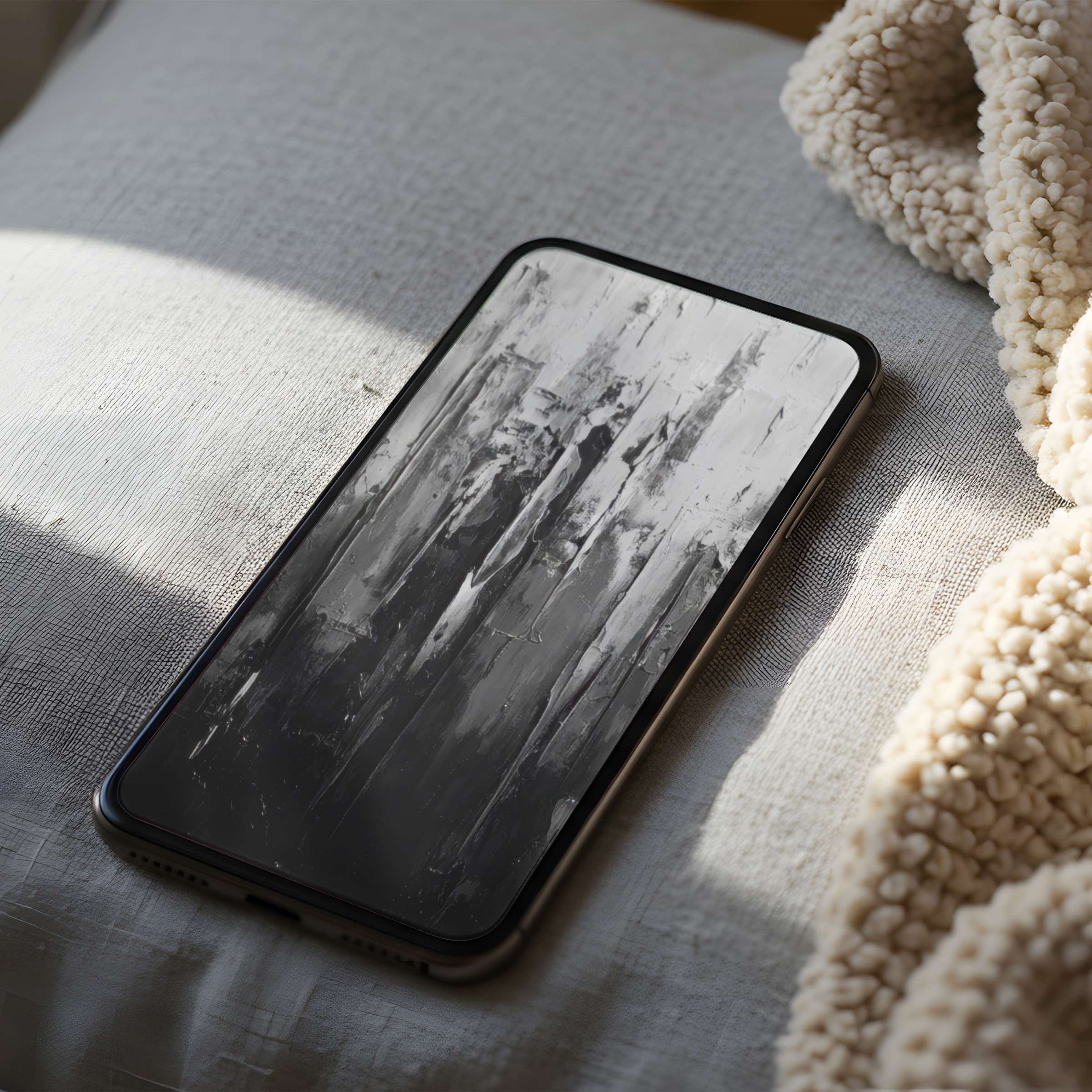 High-resolution phone wallpaper with elegant abstract black and white brushstrokes on soft fabric background transforms iPhone mood