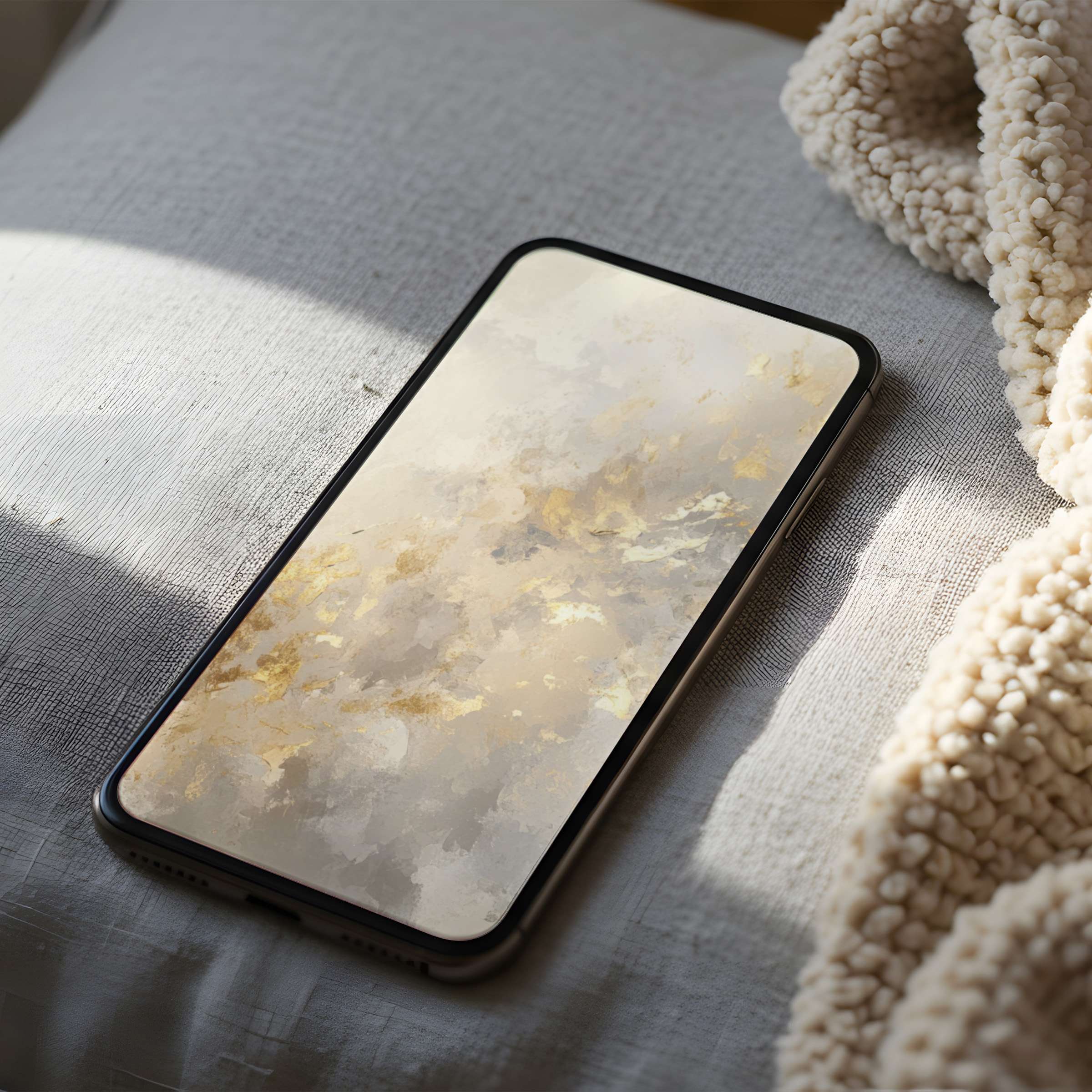 Elegant phone wallpaper with soft gold and beige abstract design, perfect for digital download on iPhone and Android use