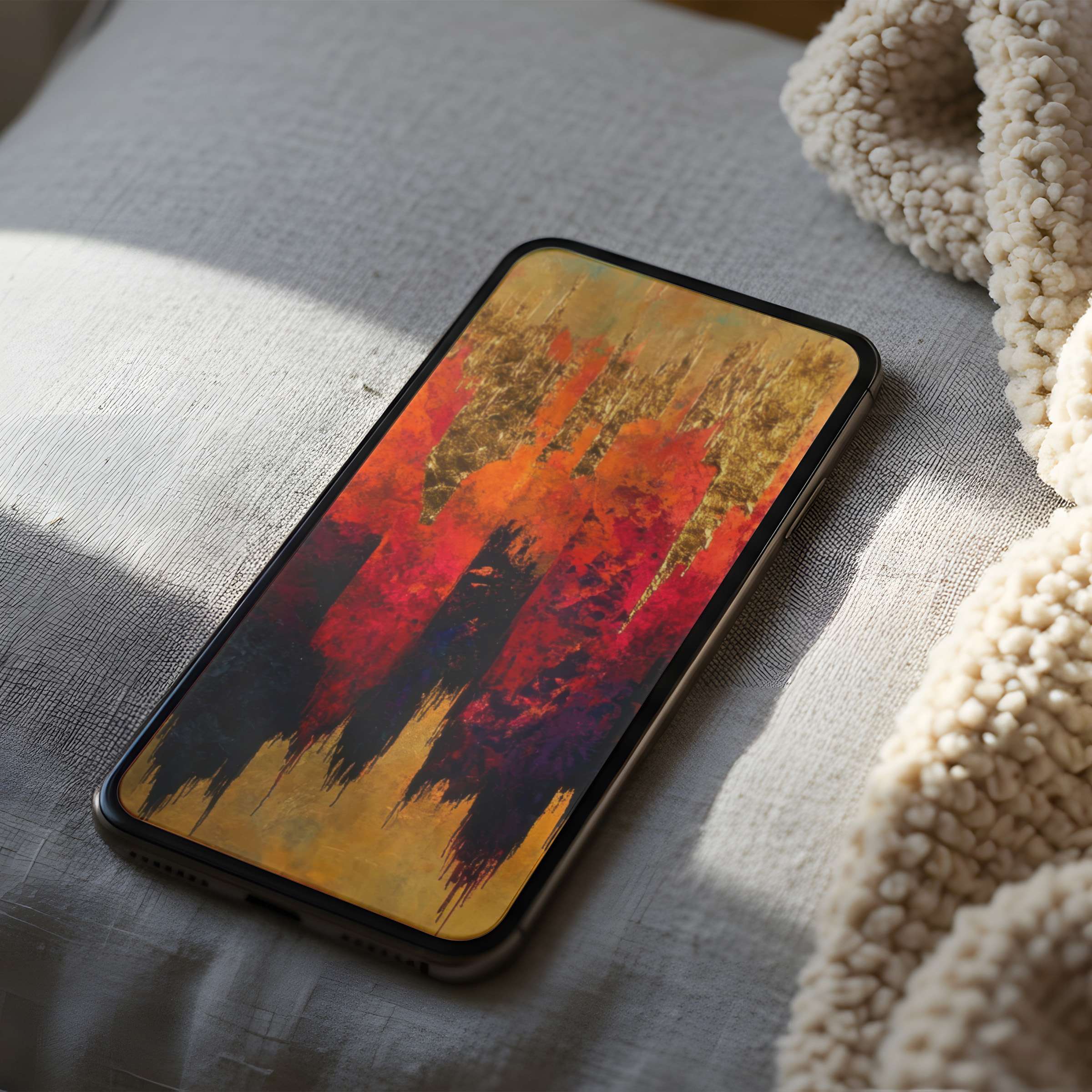 Elegant abstract phone wallpaper in warm hues gracing a cozy setting perfect for iPhone and Android high-resolution downloads