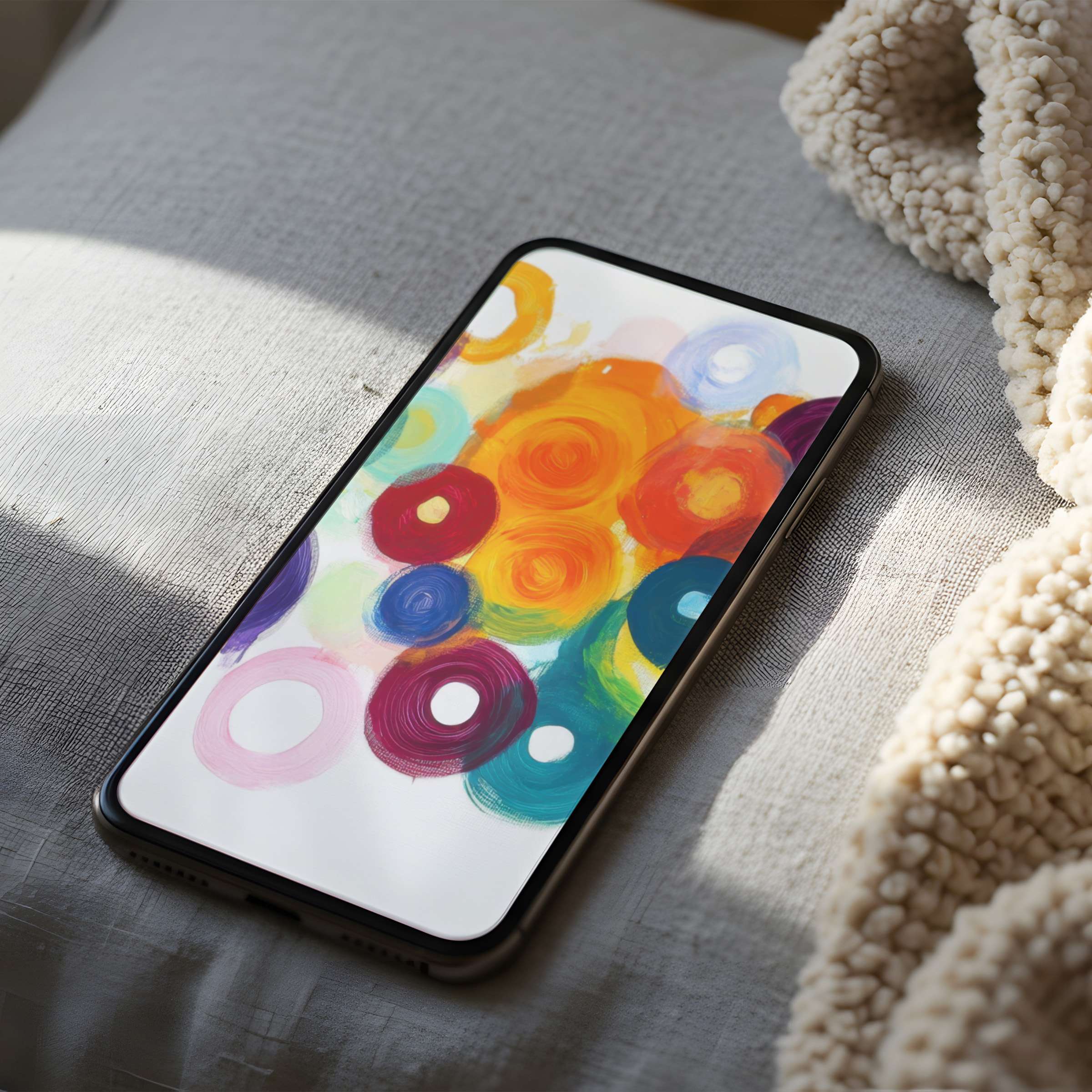 Vibrant circular abstract phone wallpaper in high resolution offers tranquility and style for iPhone and Android, ideal for digital download