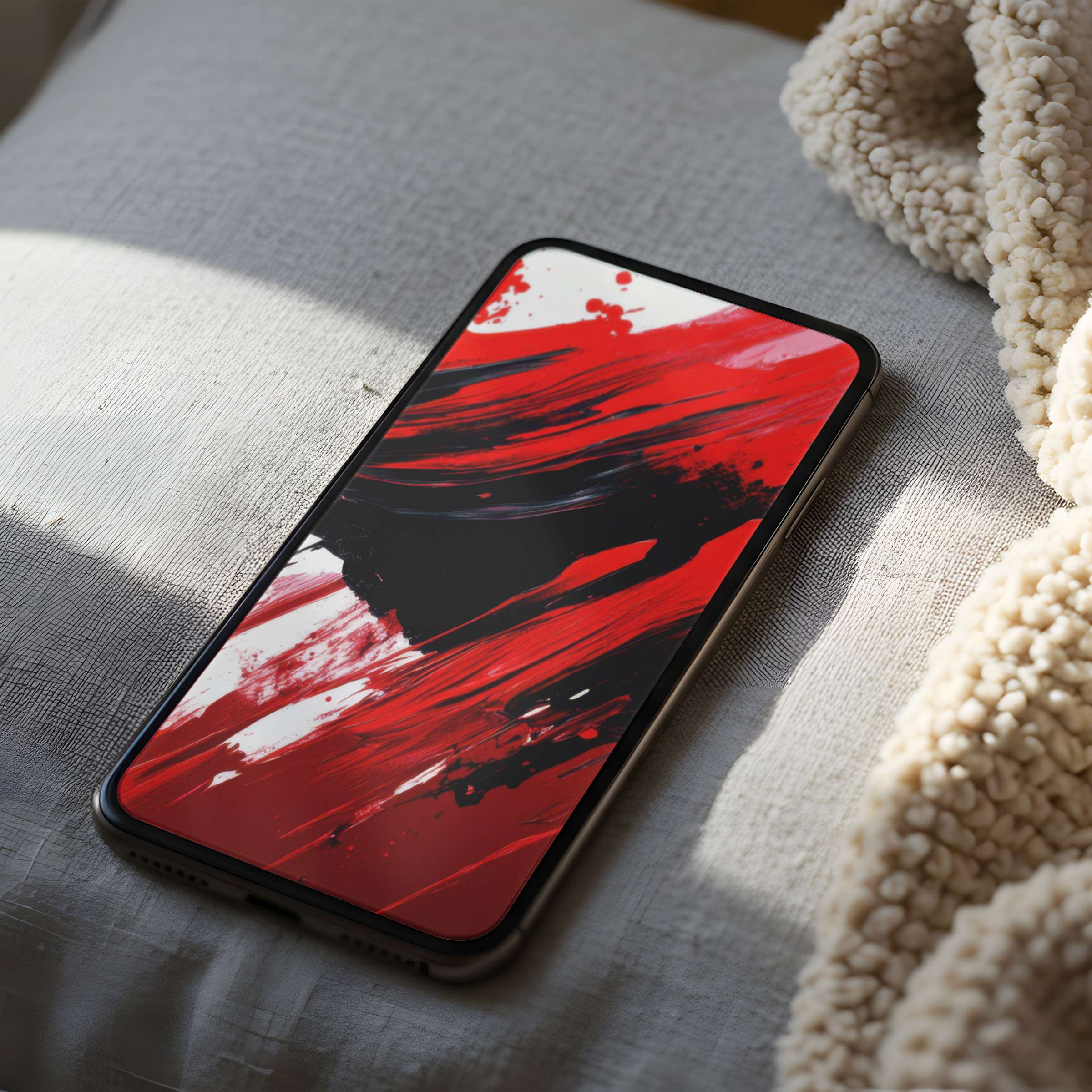 Elegant phone wallpaper with bold red and black abstract brushstrokes on a cozy bed setting high resolution for all devices