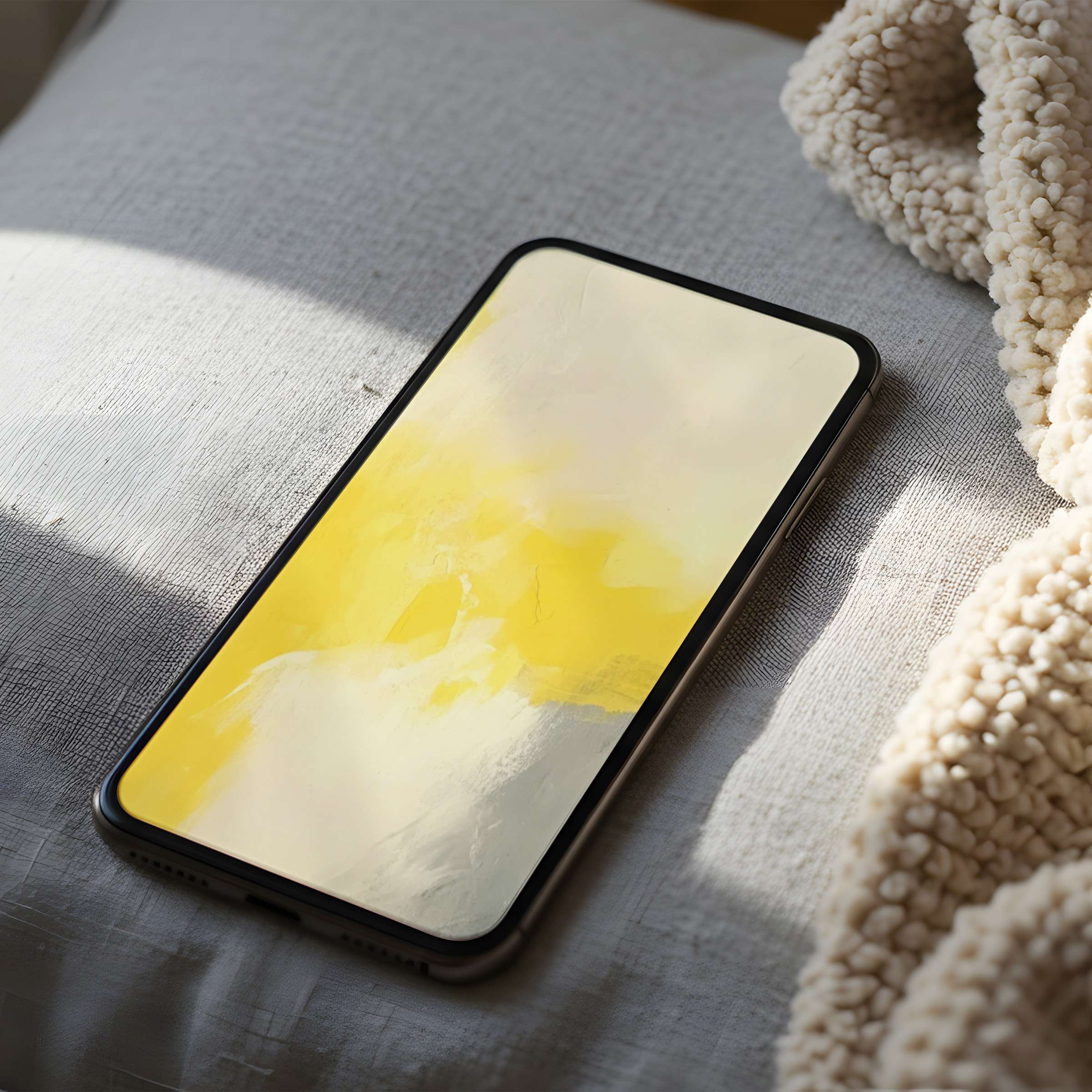 sleek phone showcases a high resolution abstract yellow and white phone wallpaper, set on cozy textured fabric, ideal for iPhone and Android digital downloads