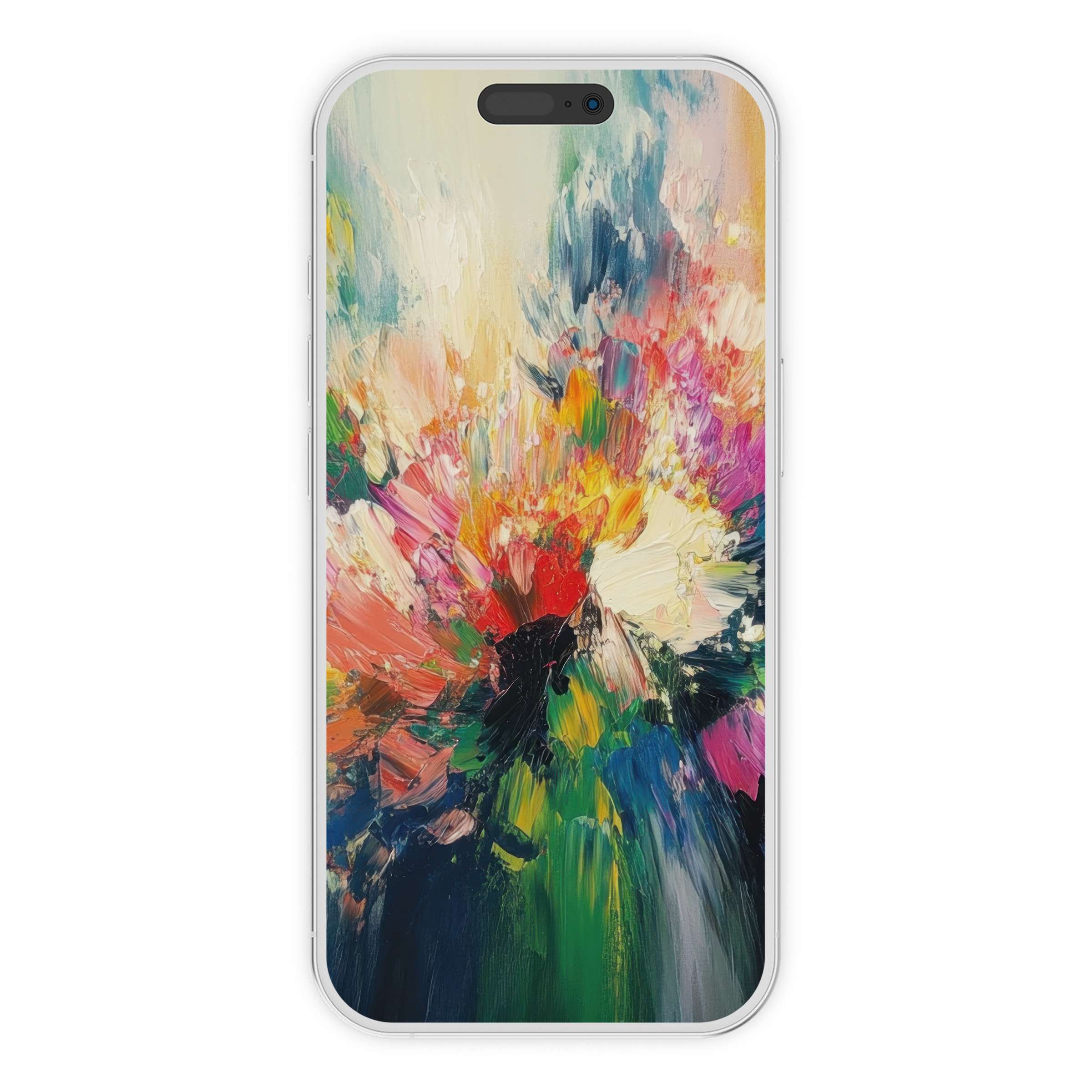 Vibrant abstract iPhone wallpaper with a colorful brushstroke explosion offers a serene phone background for digital download elegance