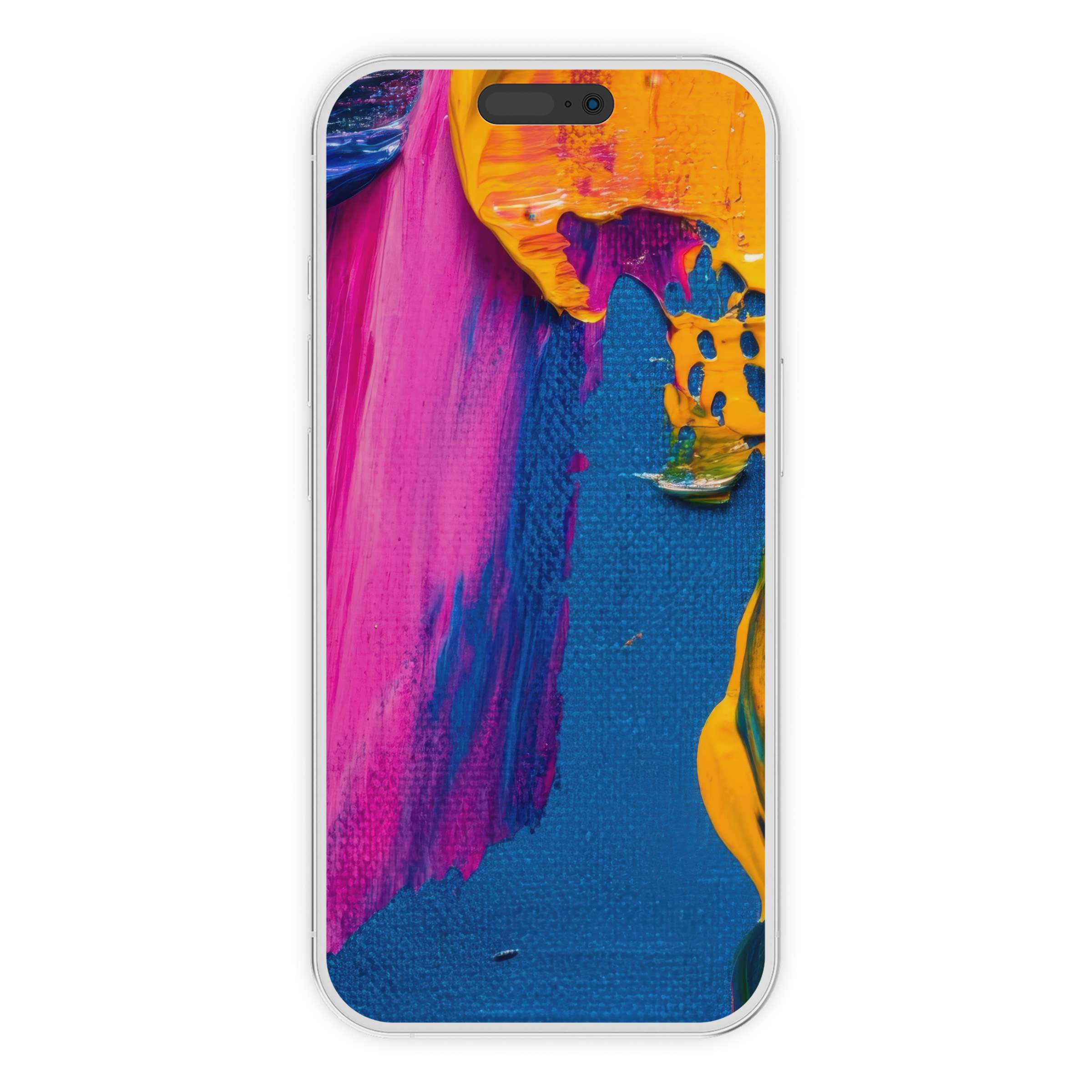 Vivid abstract iPhone wallpaper with vibrant pink, yellow, and blue strokes, ideal phone background, digital download for calming beauty