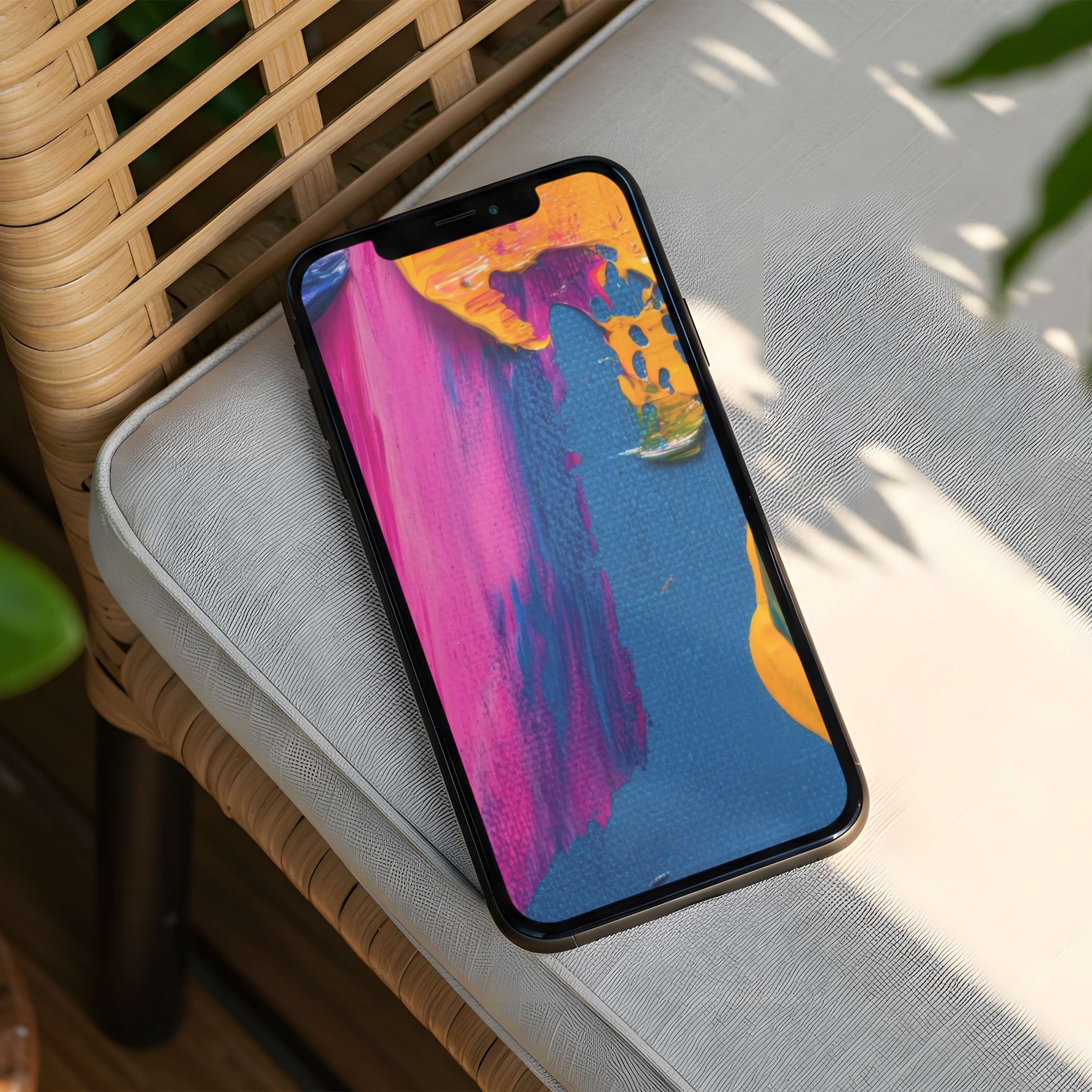 Colorful abstract iPhone background on a wicker chair offers calm elegance and instant download for phone aesthetics lovers