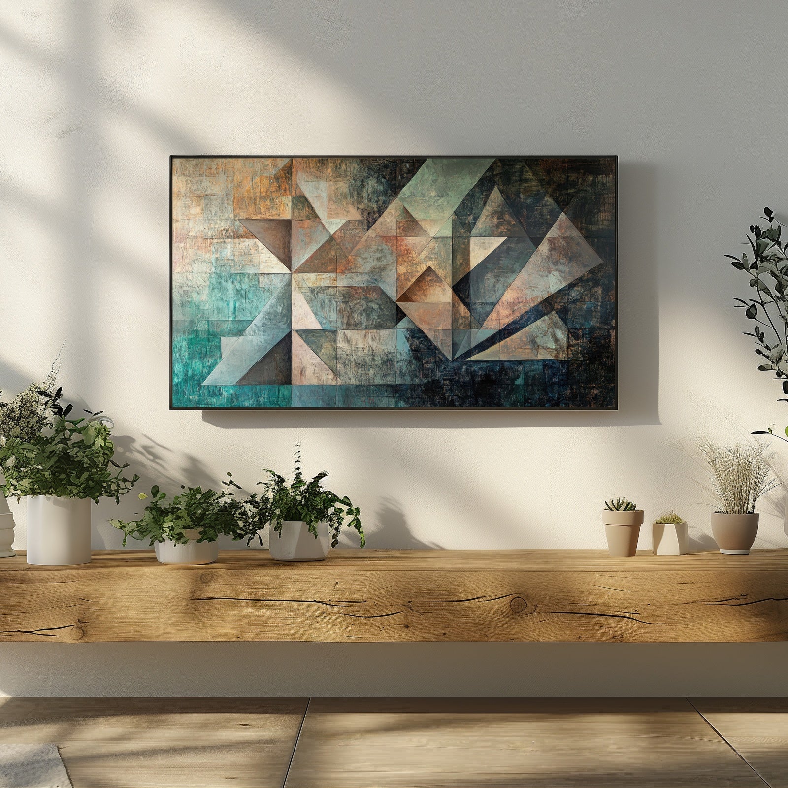 Abstract geometric Frame TV art in earthy teal and copper tones displayed in a modern minimal living room with natural light and plants