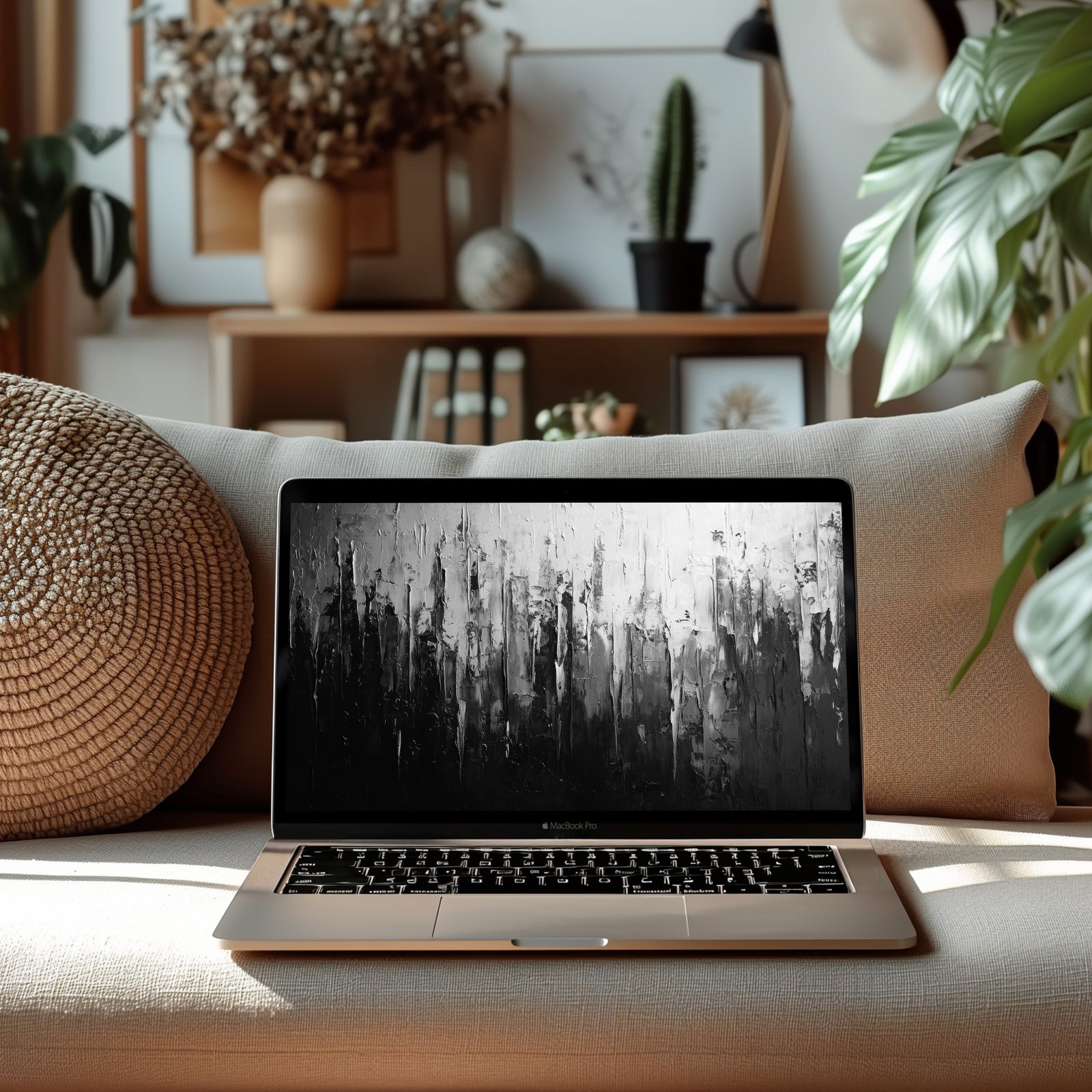 Abstract desktop wallpaper featuring textured black and white brushstrokes - a minimalist, modern art background that adds depth, sophistication, and creative energy to your digital workspace