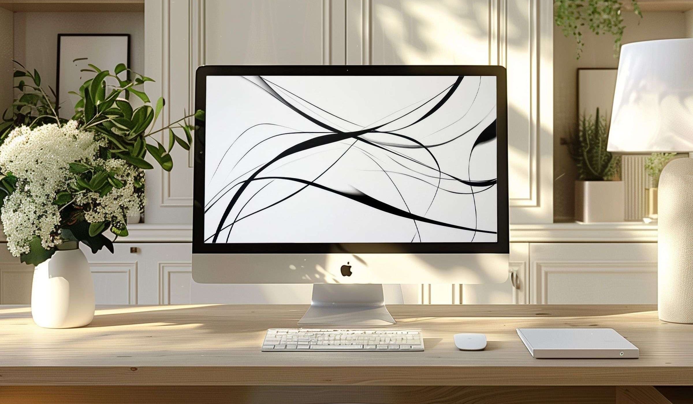 Abstract desktop wallpaper in elegant home office with natural light and minimalist decor. Modern black and white digital art for iMac screen, creating a calm and inspiring workspace