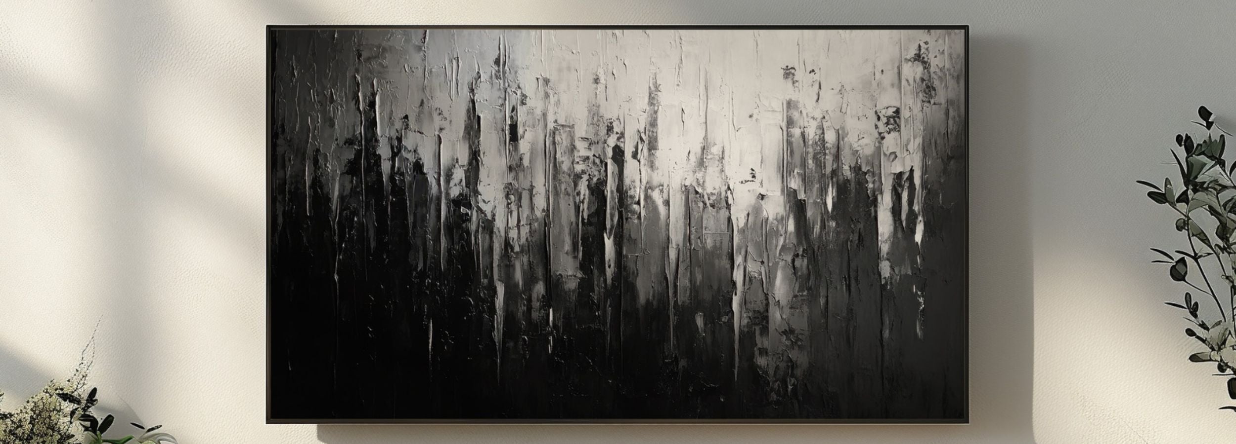 Black and white abstract textured Frame TV art with modern moody brush strokes creating a bold dramatic statement piece
