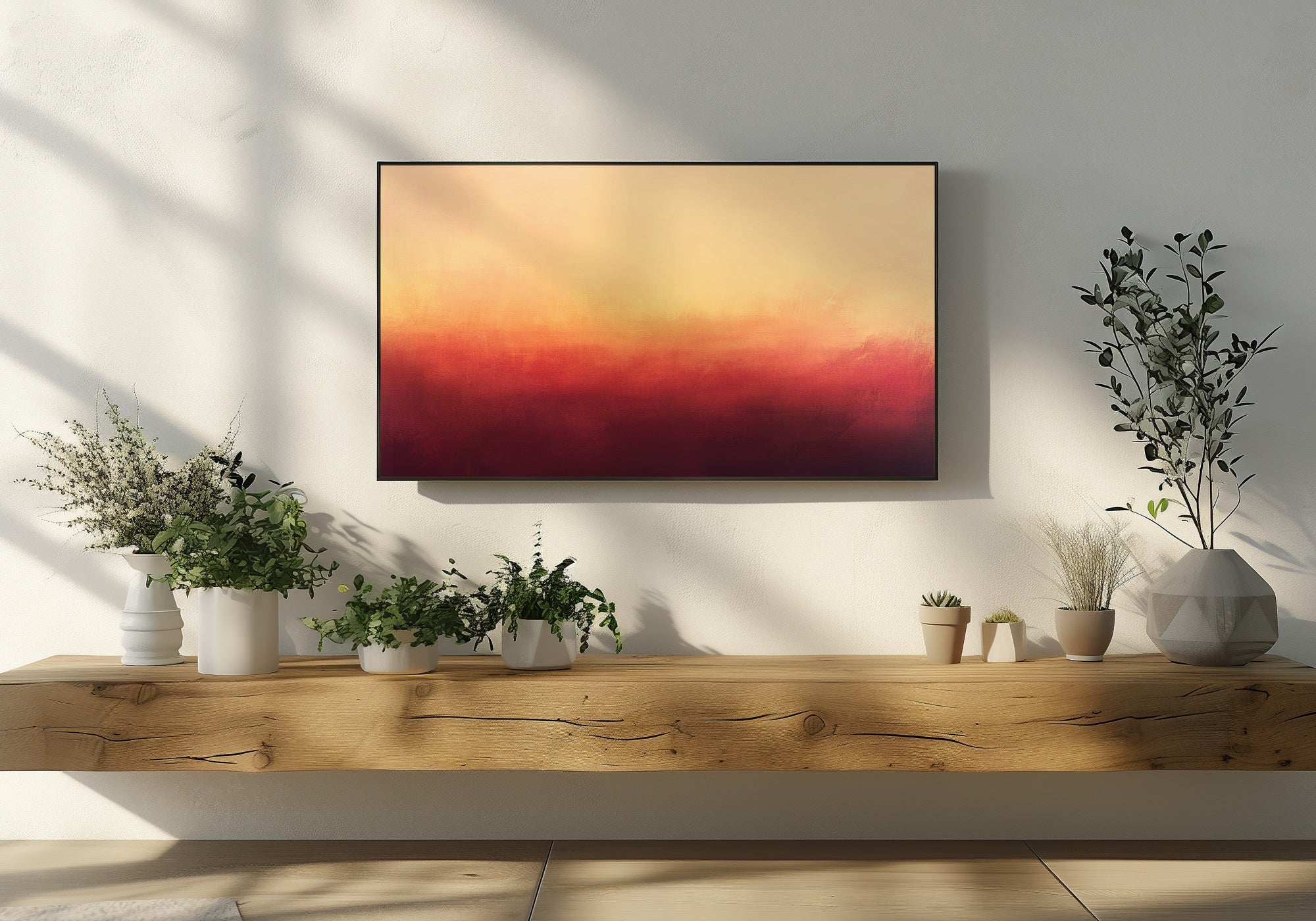 Abstract Frame TV Art in warm sunset tones with soft red and gold gradient, styled in a minimalist living room with natural light and modern decor