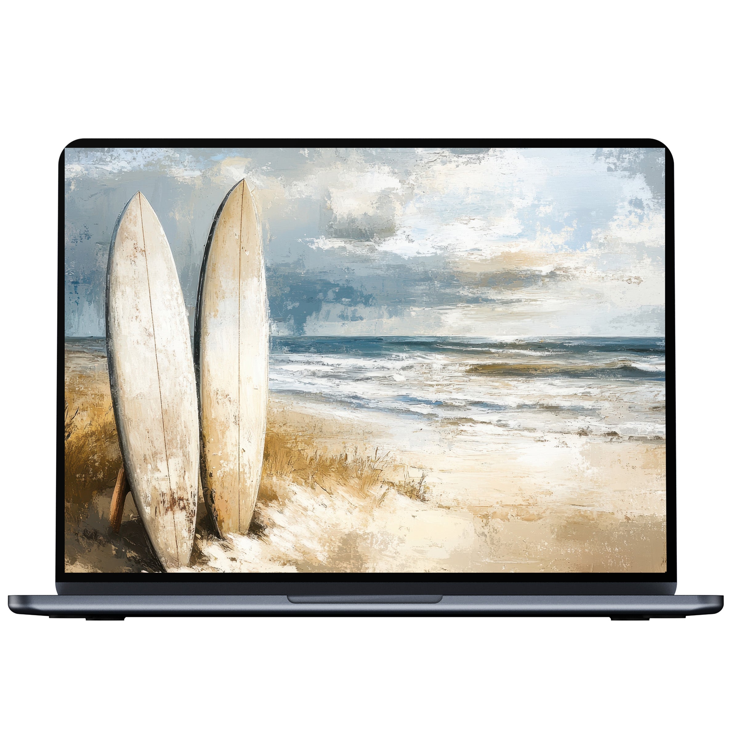 Beach desktop wallpaper with surfboards and ocean waves in a soothing palette perfect for PC or laptop digital download