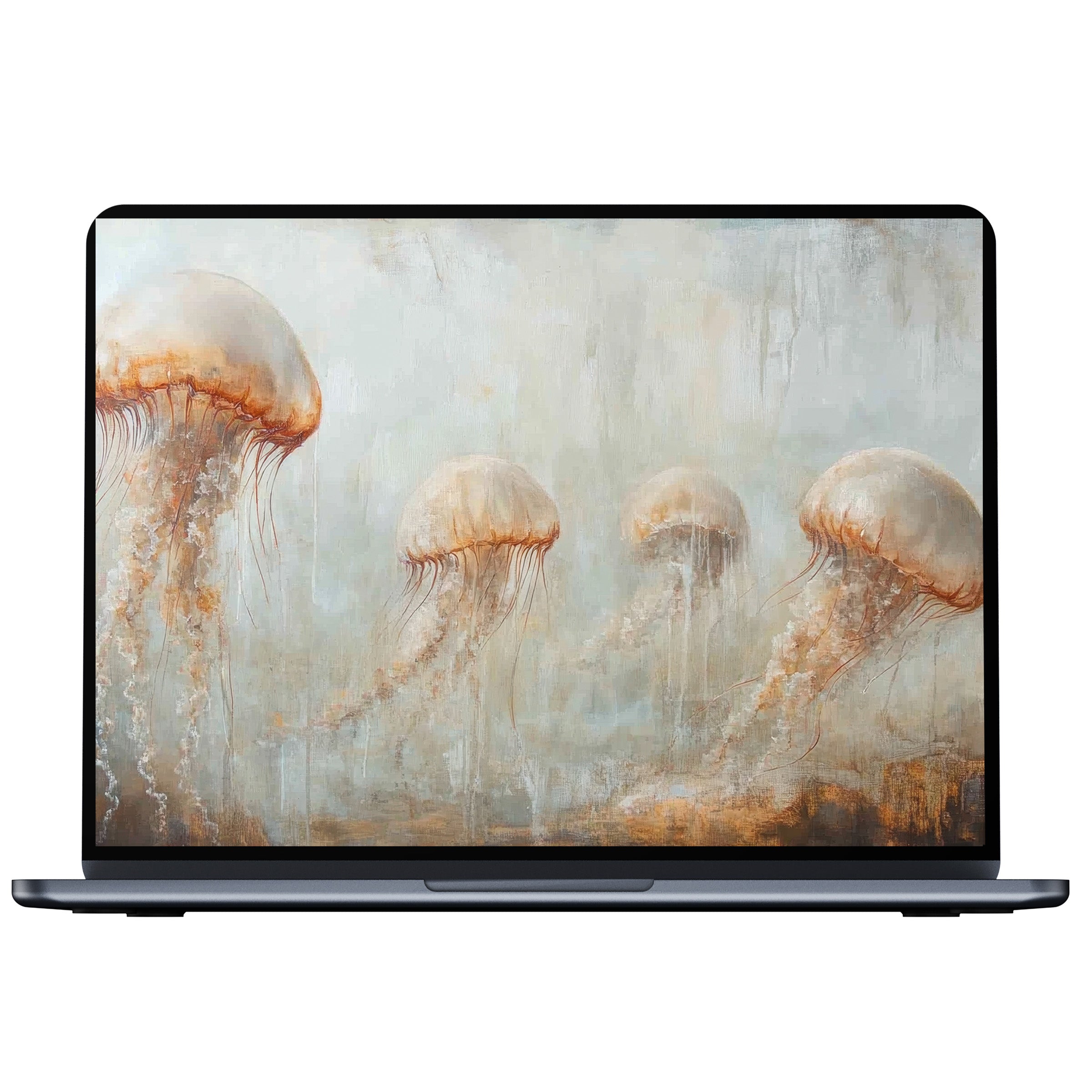 Tranquil jellyfish painting with soft hues, ideal beach desktop wallpaper for PC, laptop, and Mac digital download art