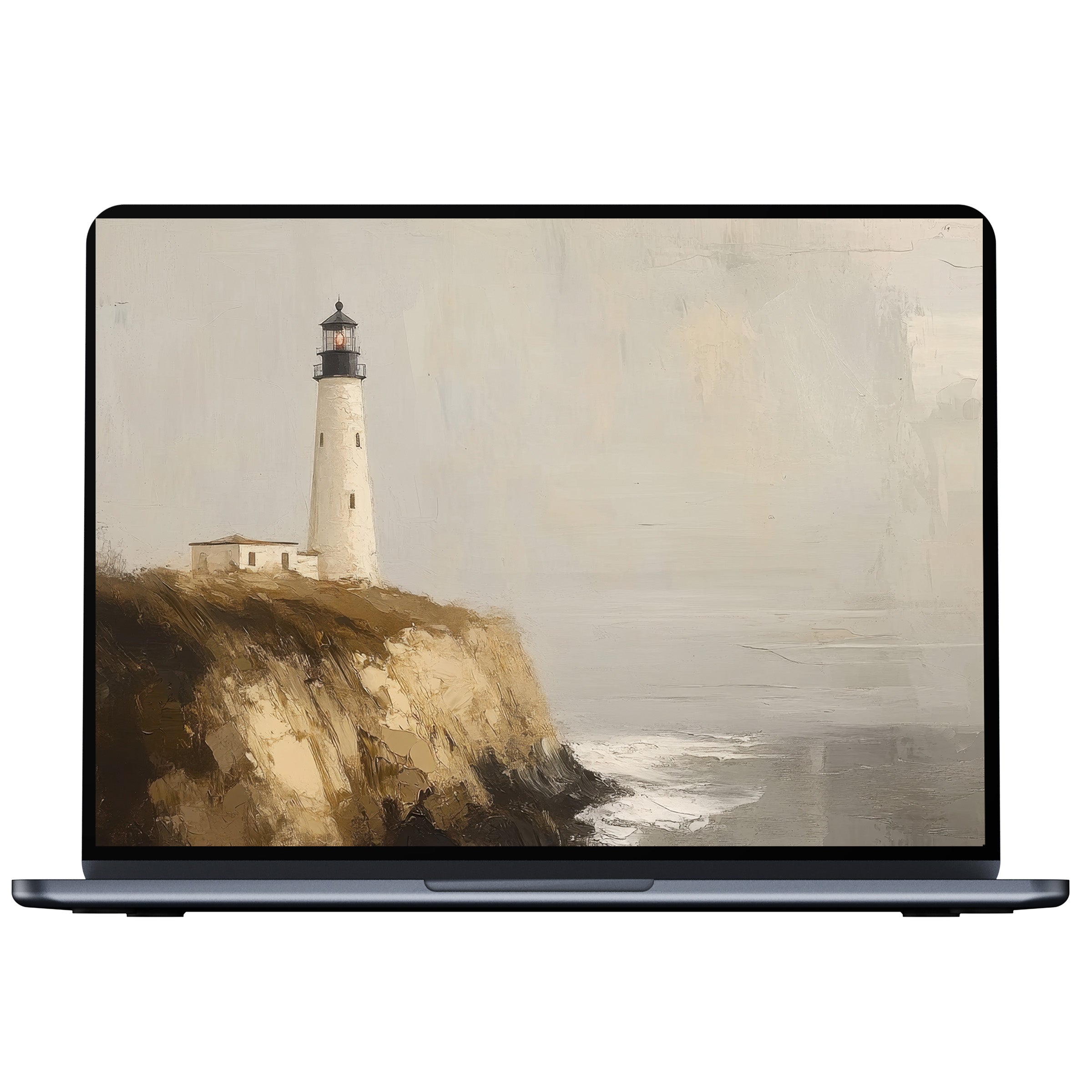 Beach desktop wallpaper with serene lighthouse art blending soft pastels and textured waves, ideal digital download for PC or laptop screens