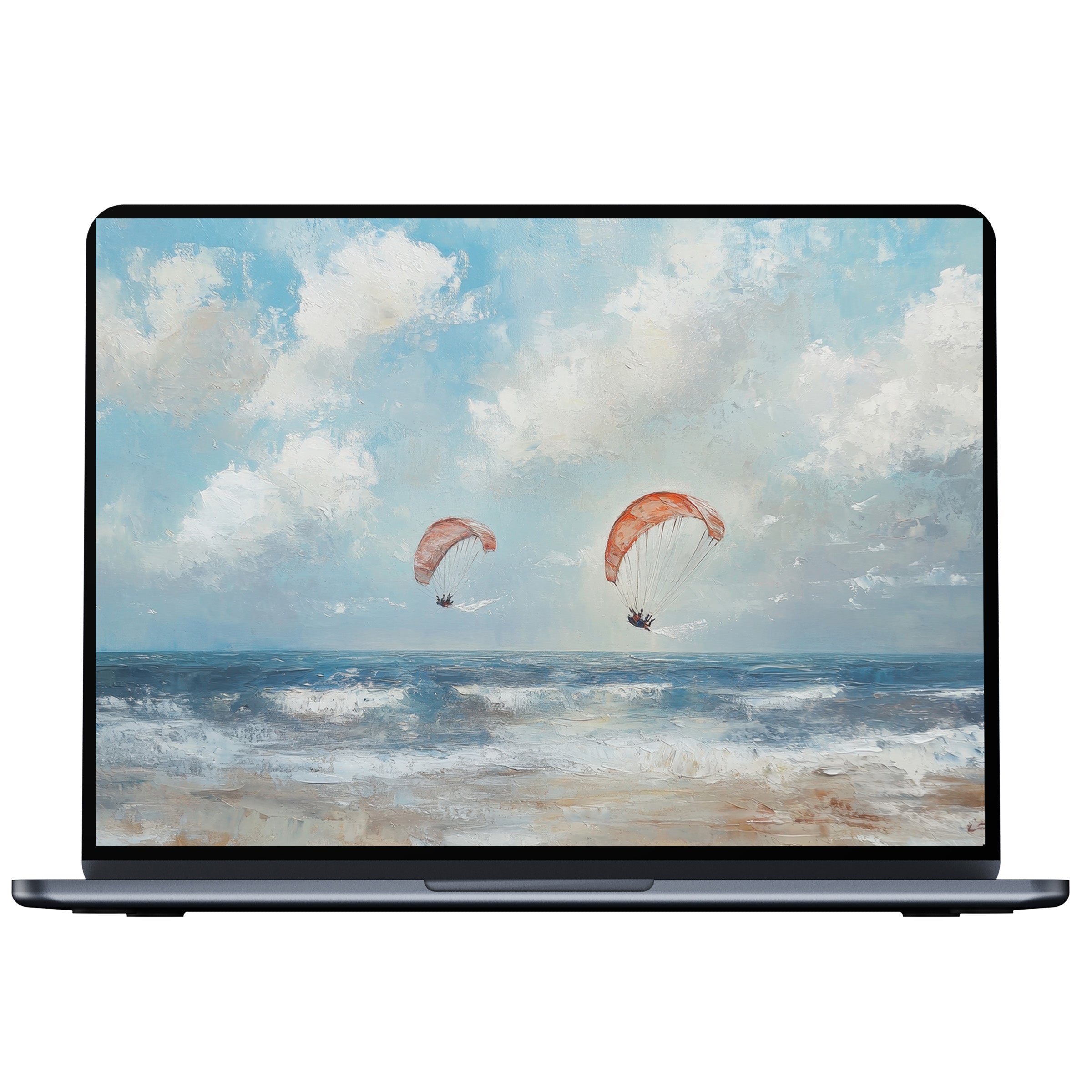 Inspiring beach desktop wallpaper featuring serene skies and parasailers, perfect digital download for PC and laptops, evokes calm elegance