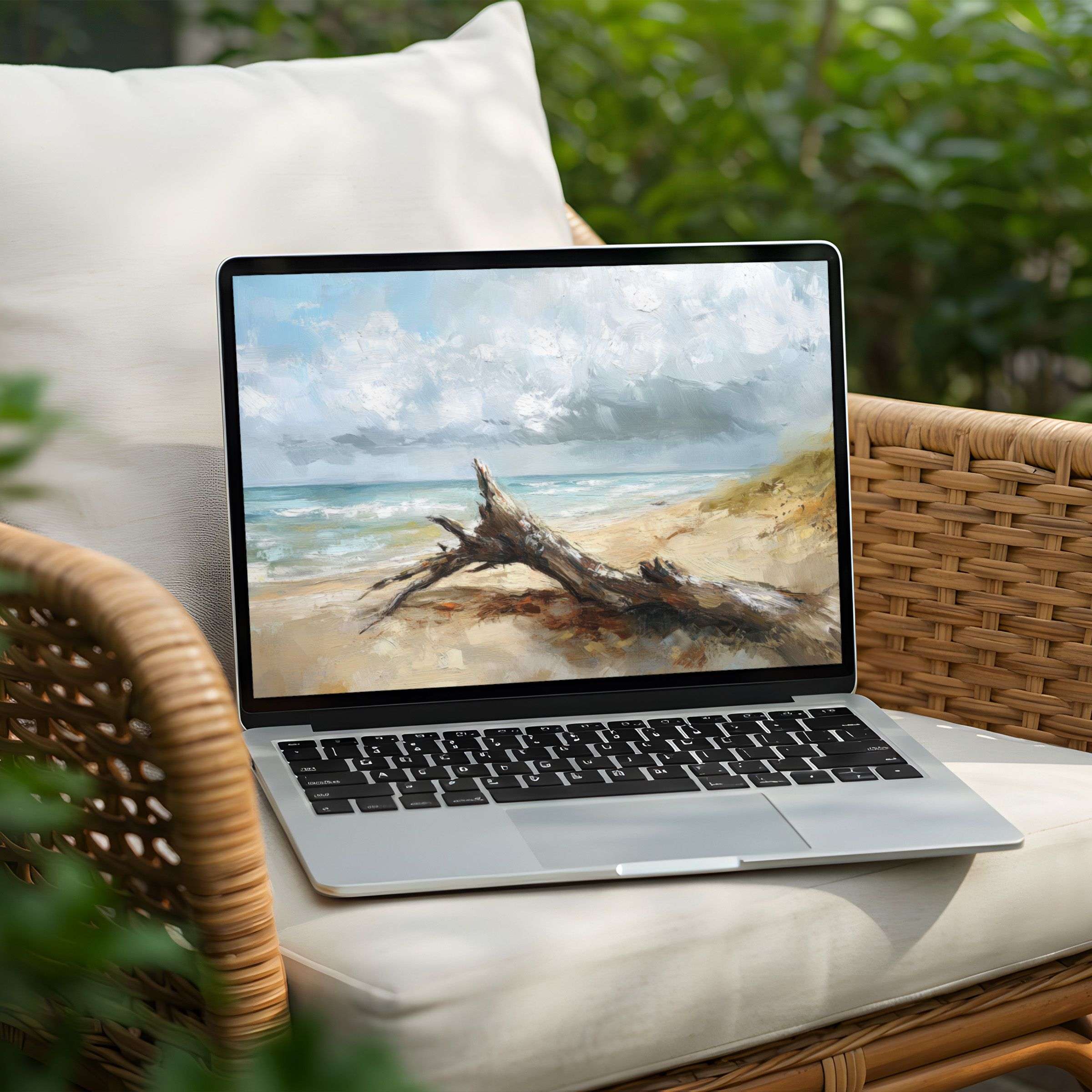 Serene beach painting as a desktop background for PC or Laptop, instant download for those seeking calm, inspiration, and elegance