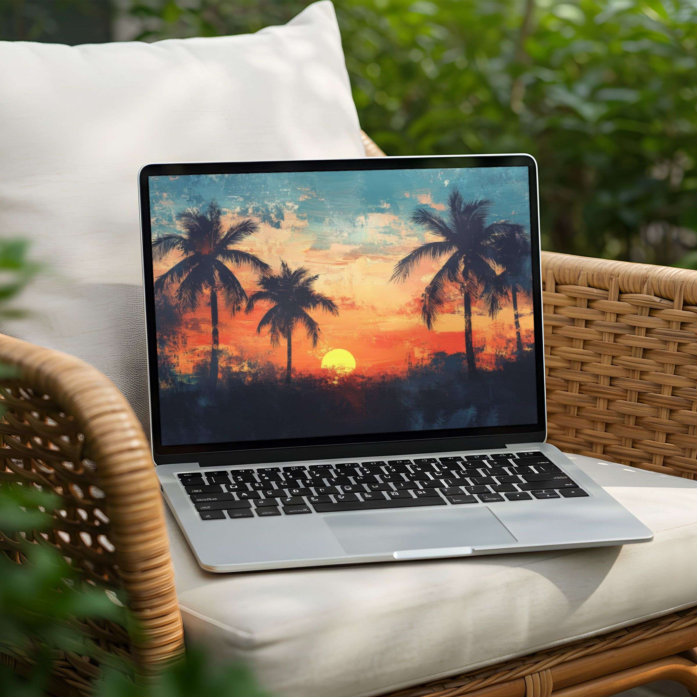 Elegant sunset desktop background for PC and Laptop featuring palm silhouettes, available as instant download to inspire calm and mindfulness