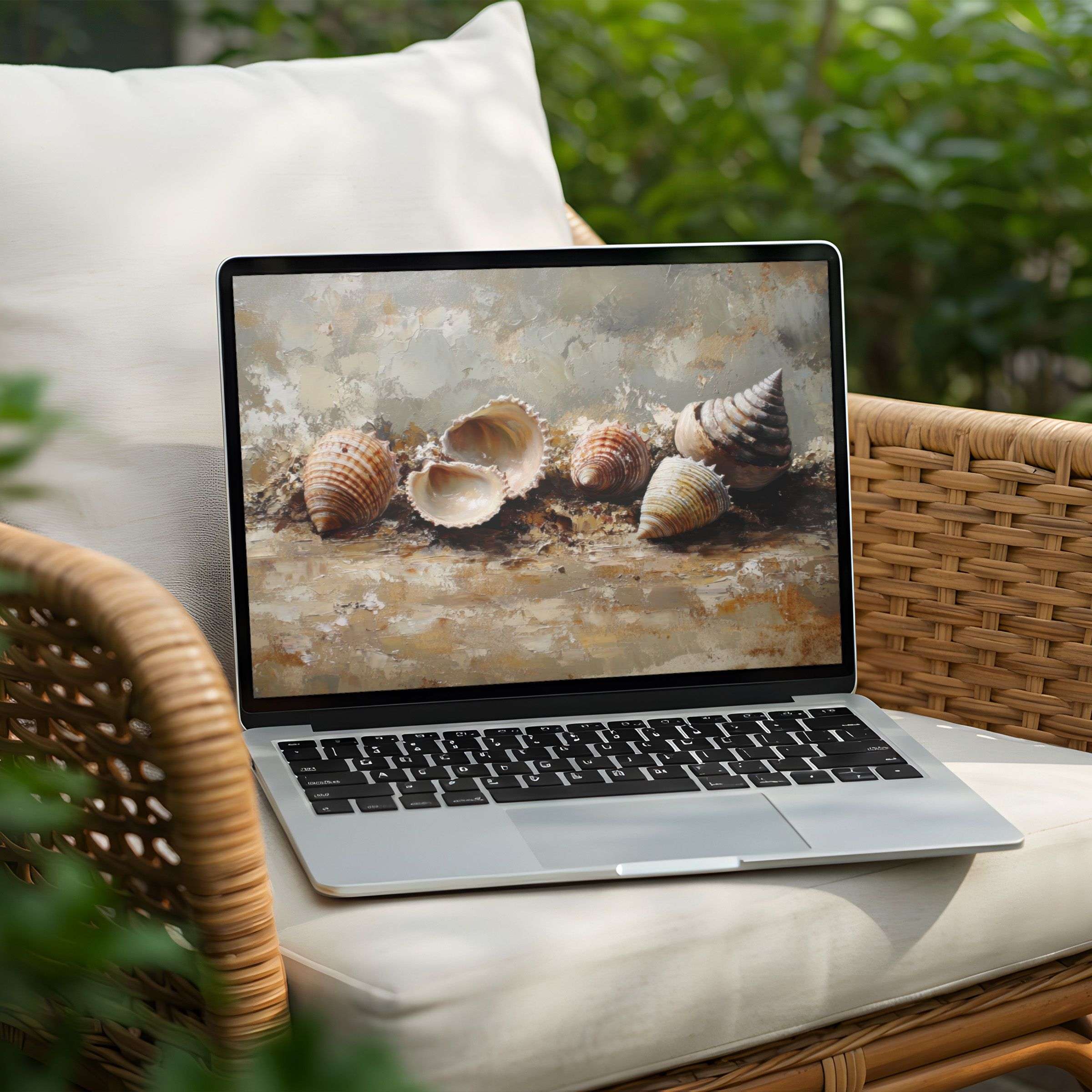 Calm beach-inspired desktop background for PC and Laptop, featuring elegant shell textures, available for instant download to inspire mindfulness