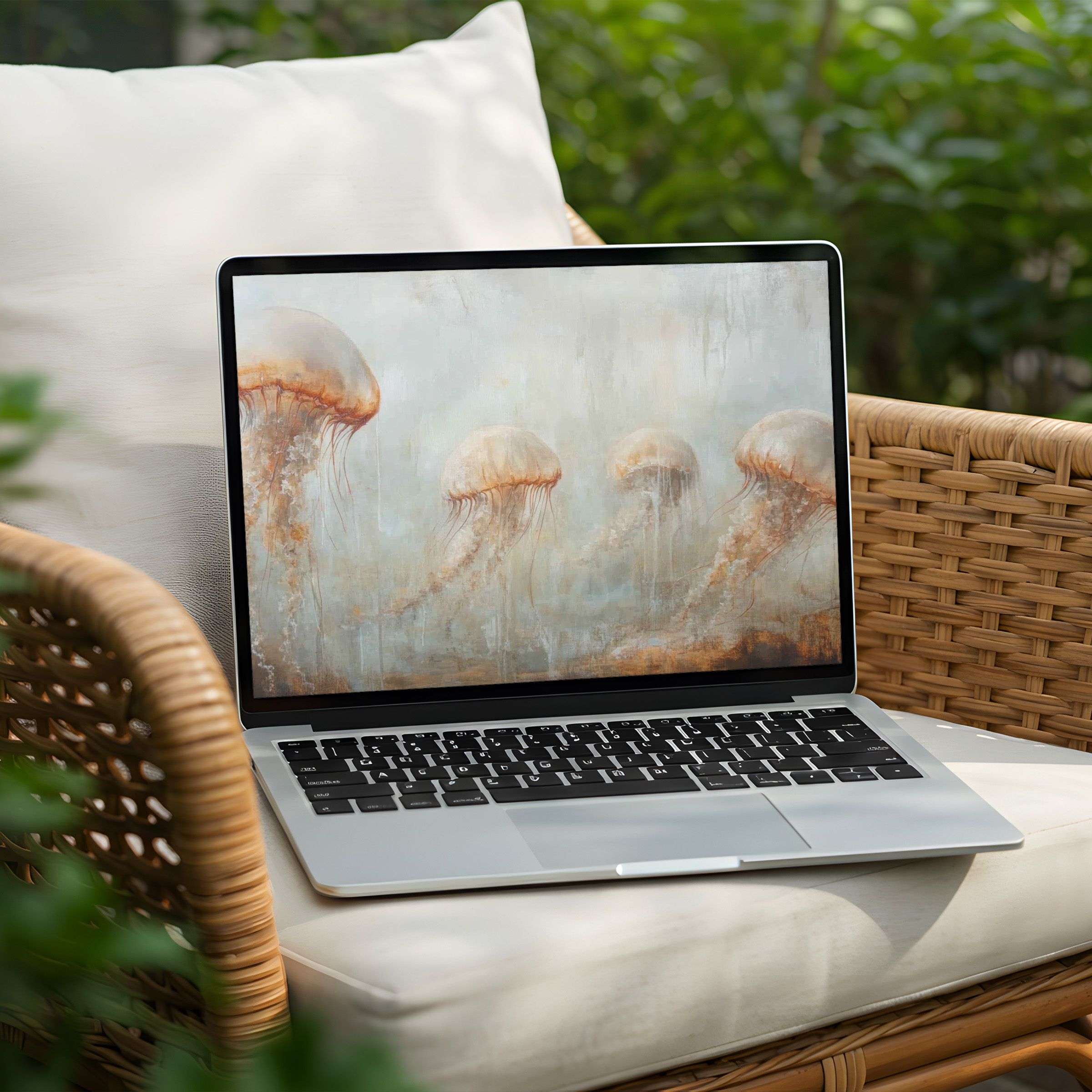 Elegant jellyfish-inspired desktop background for PC and Laptop, instant download evokes calm, mindfulness, and artistic elegance