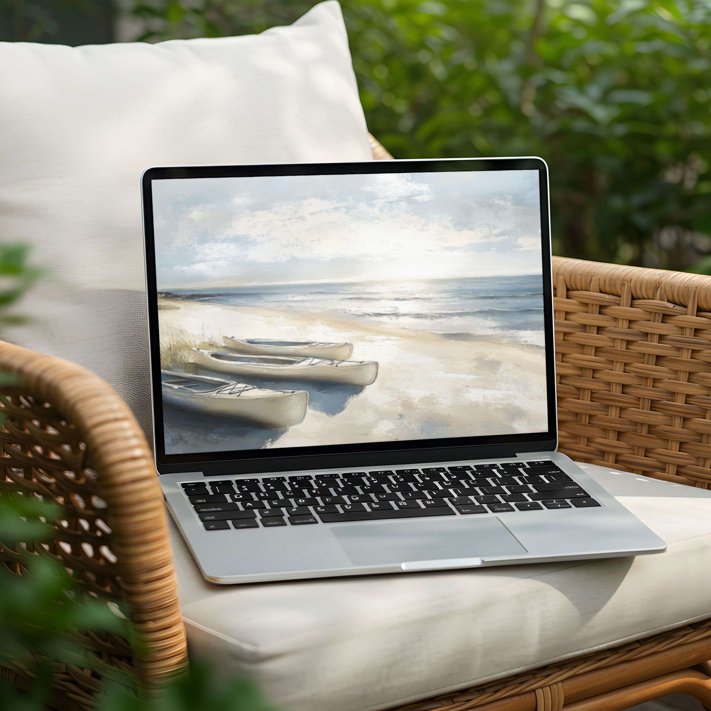 Serene coastal art desktop background for PC and Laptop instant download evokes elegance and mindfulness with soft pastel hues
