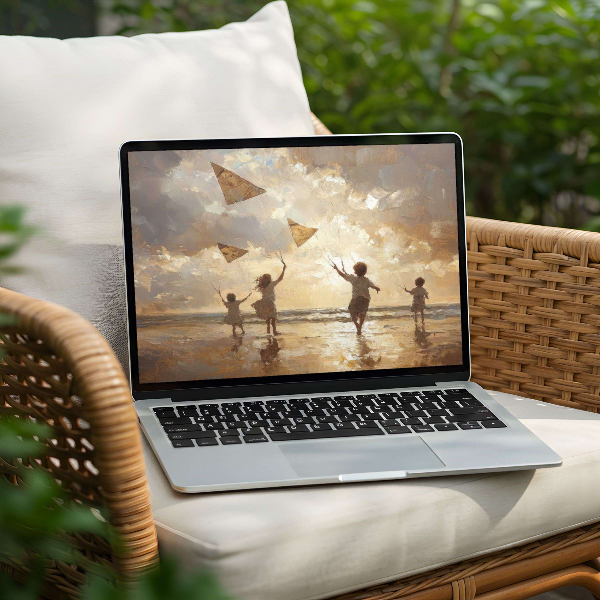 Inspiring digital art desktop background for PC and Laptop instant download serene sunset beach scene with children and kites
