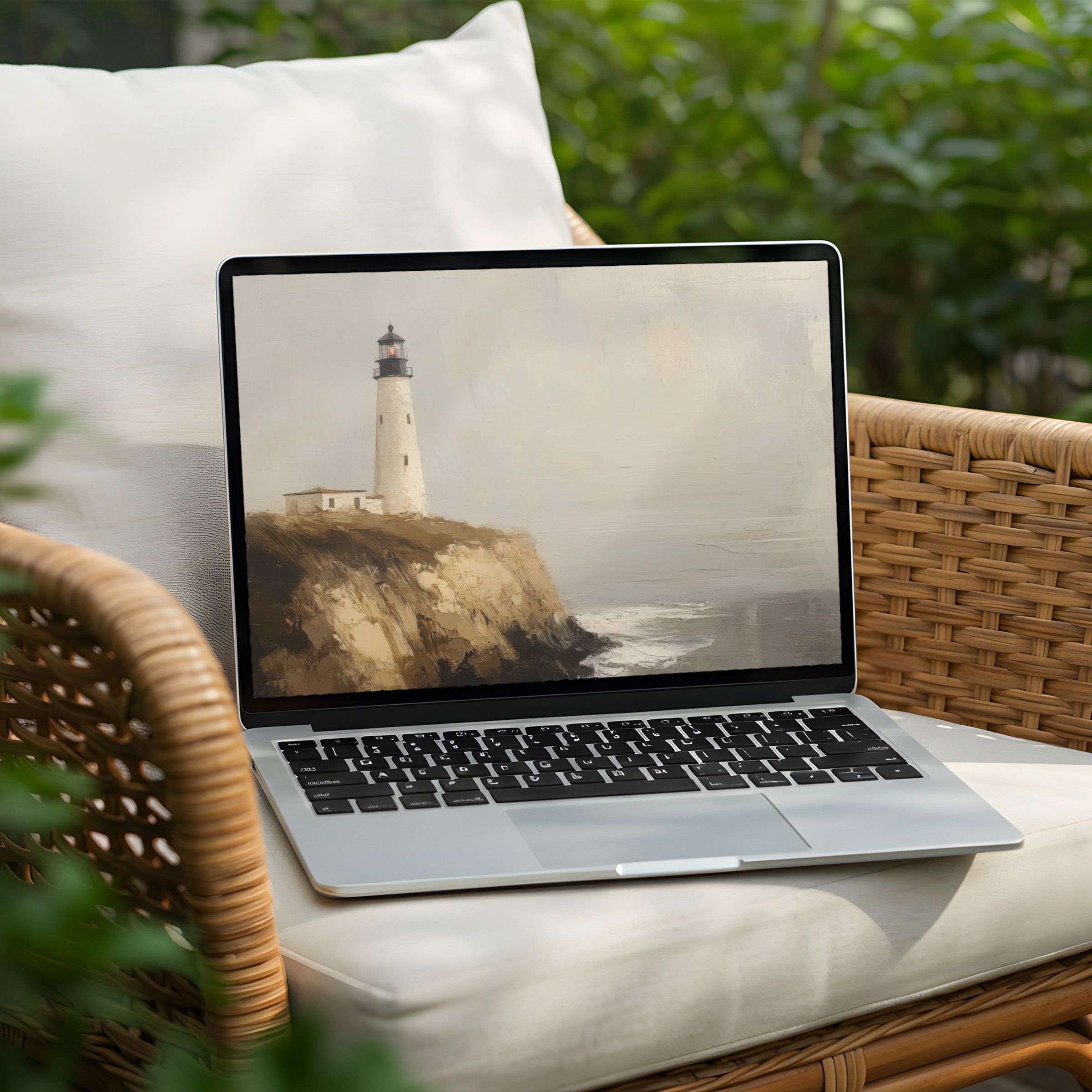 Serene lighthouse digital art desktop background for instant download on PC or Laptop offers calm, inspiration, and elegance