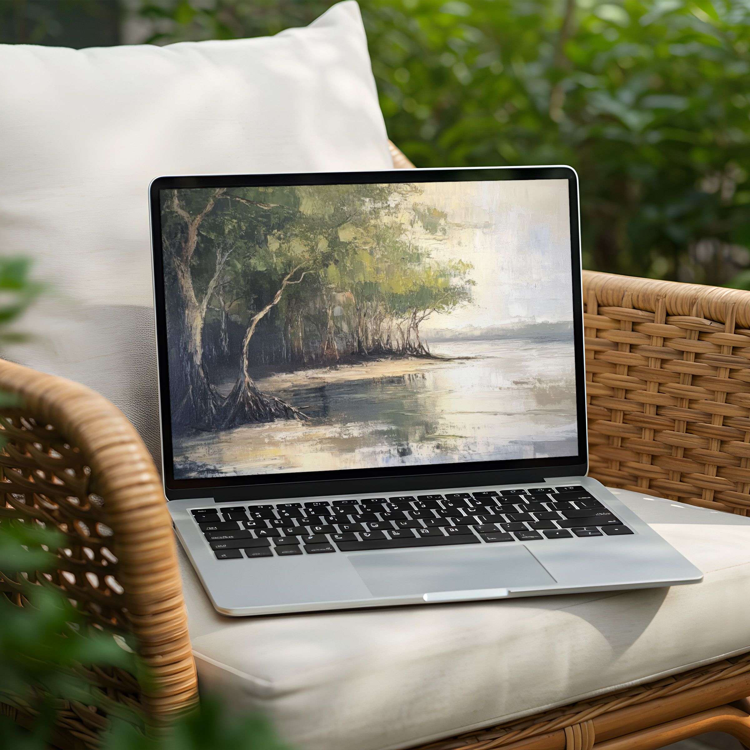 Elegant desktop background for PC or Laptop with serene landscape painting evokes calm and mindfulness available for instant download