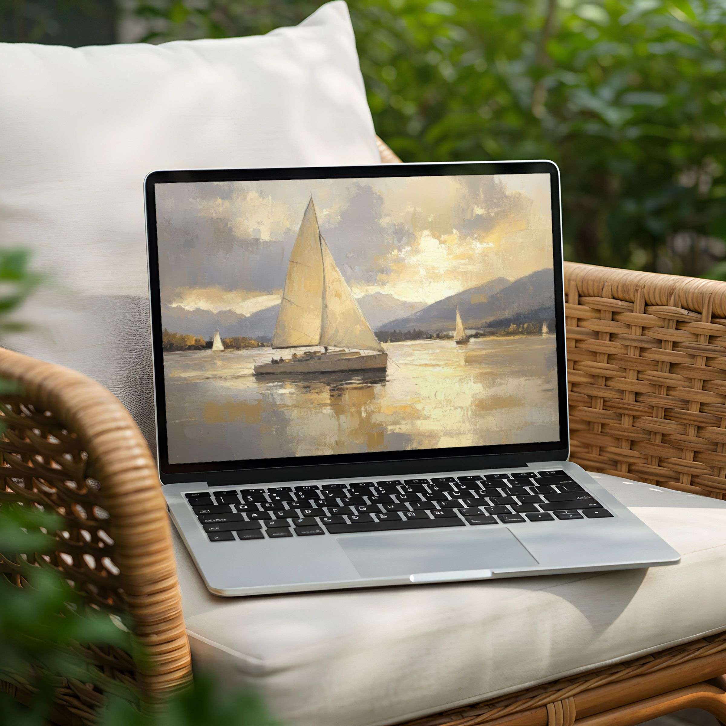 Elegant sailboat painting desktop background for PC or Laptop, instant download inspires calmness and mindfulness in your space