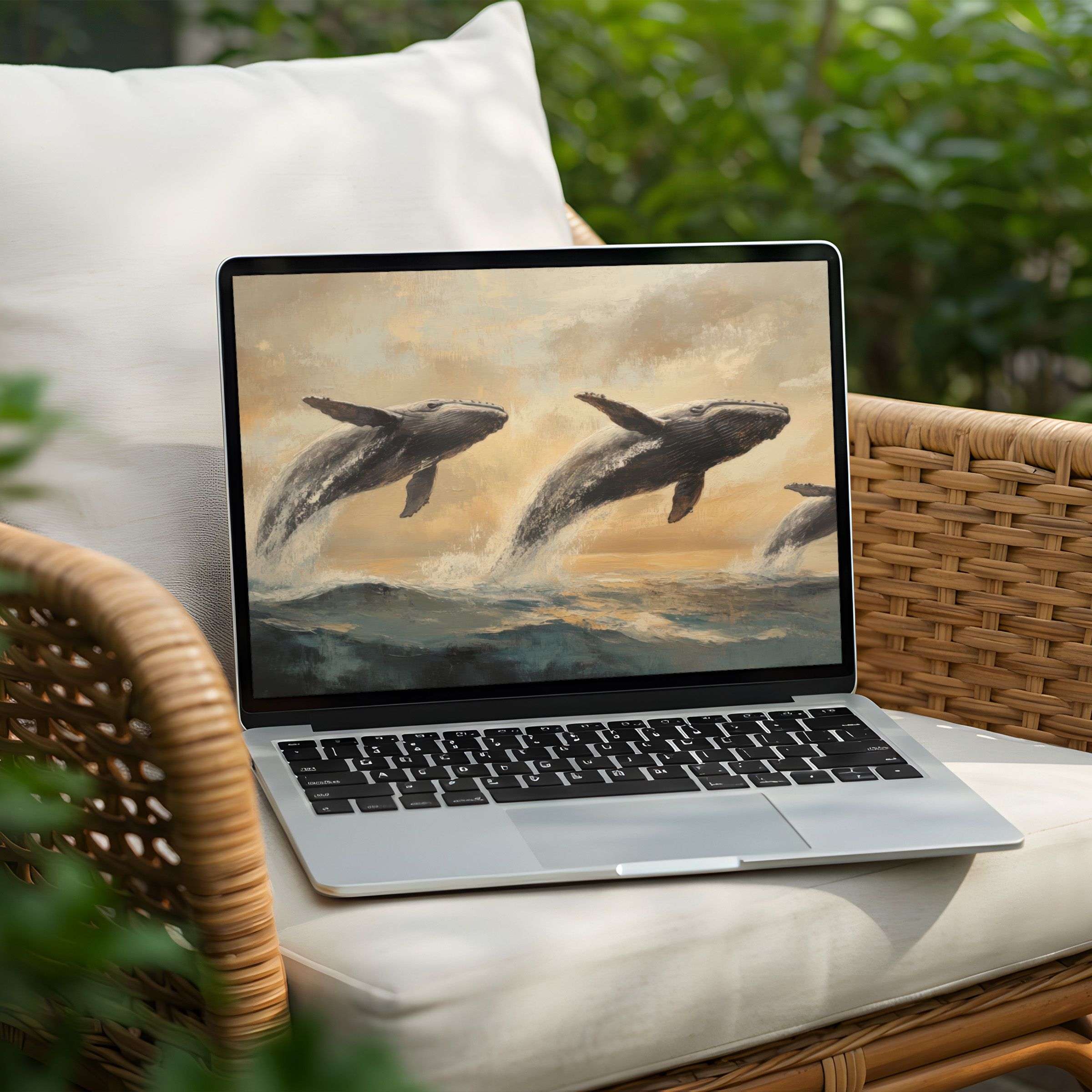 Elegant desktop background art of leaping whales in serene tones for PC or Laptop instant download inspiring mindfulness and calm