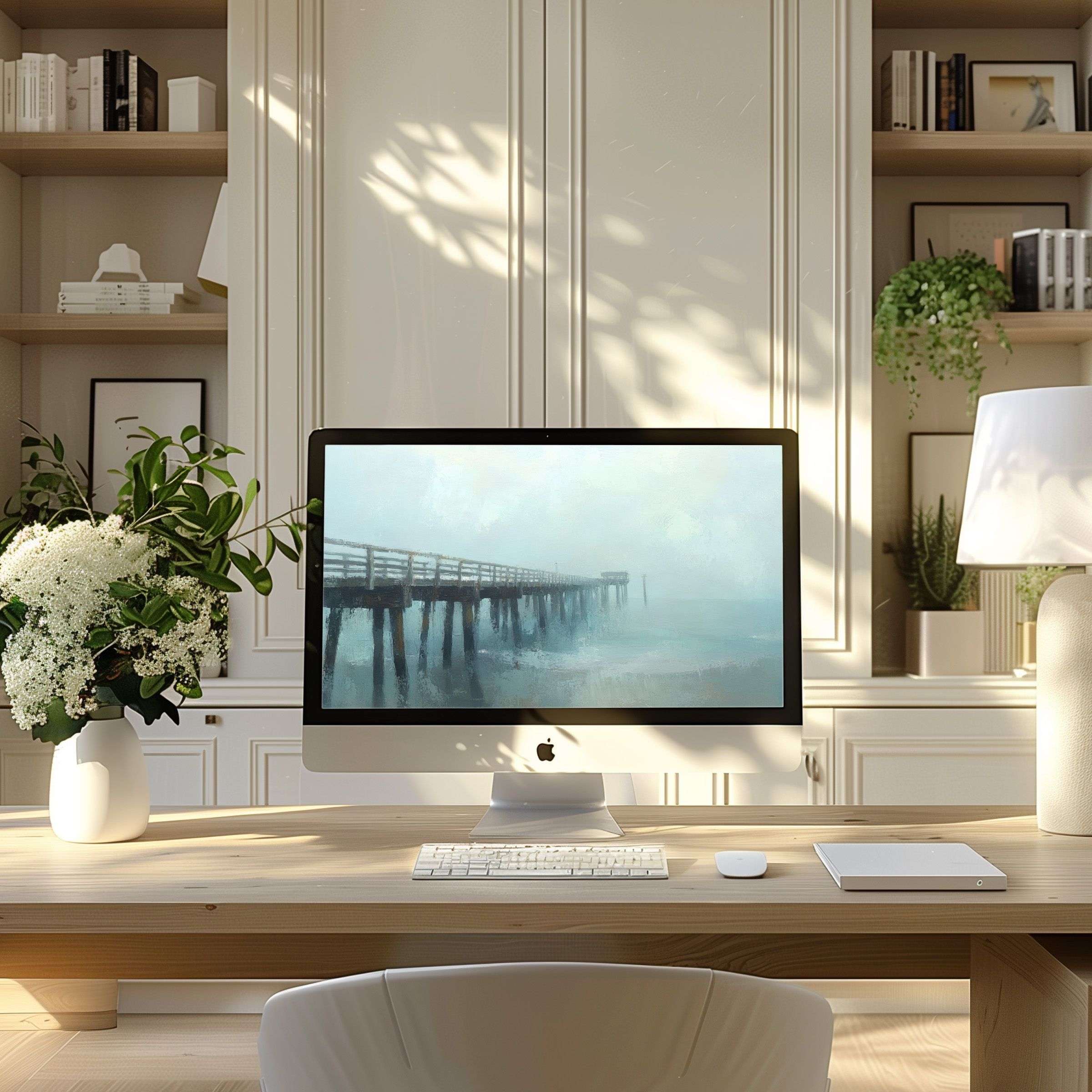 Elegant coastal pier artwork as wallpaper for computer in serene home office setting enhances PC or laptop experience with calm inspiration
