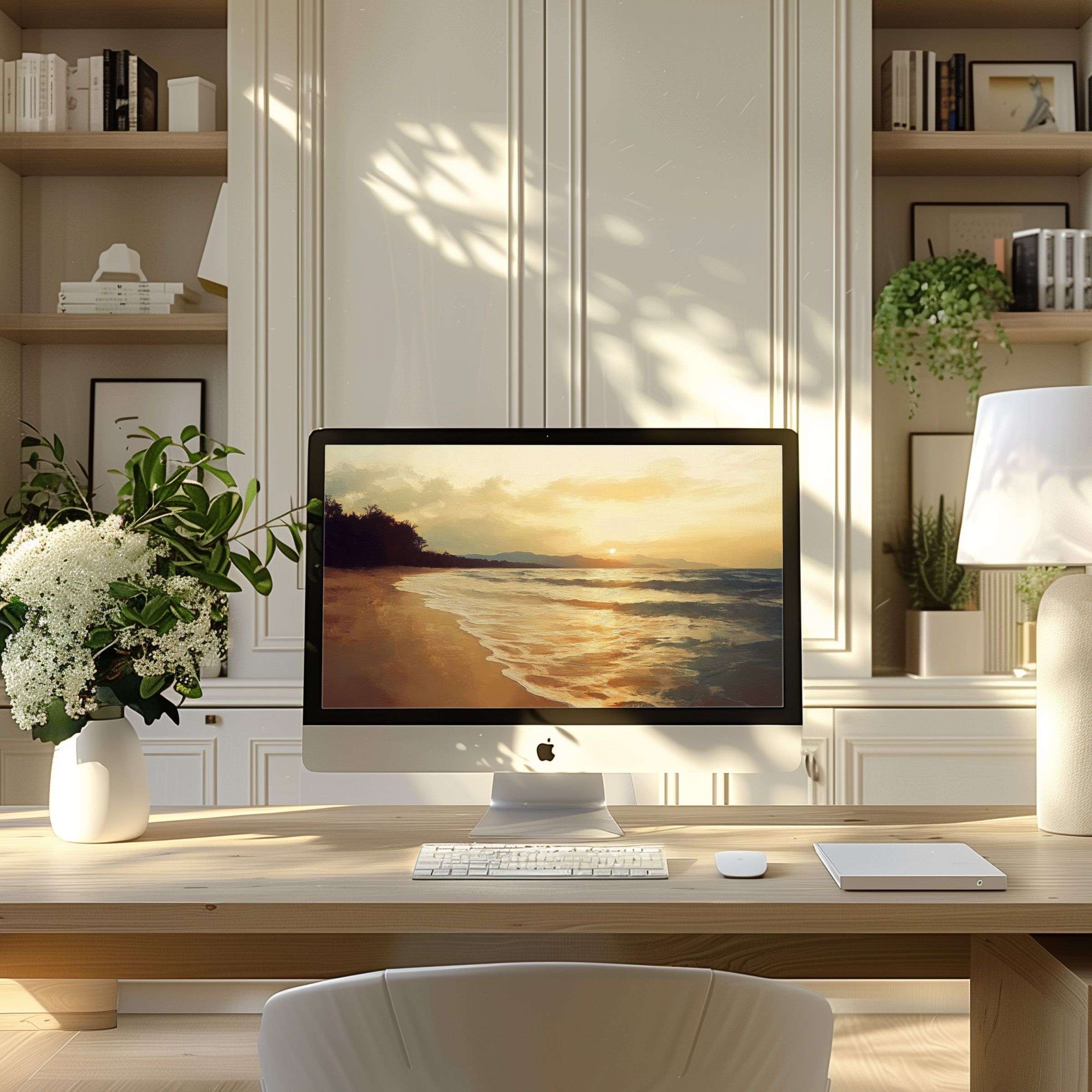Elegant wallpaper for computer features serene beach sunset, perfect for PC or laptop, enhancing modern home office ambiance