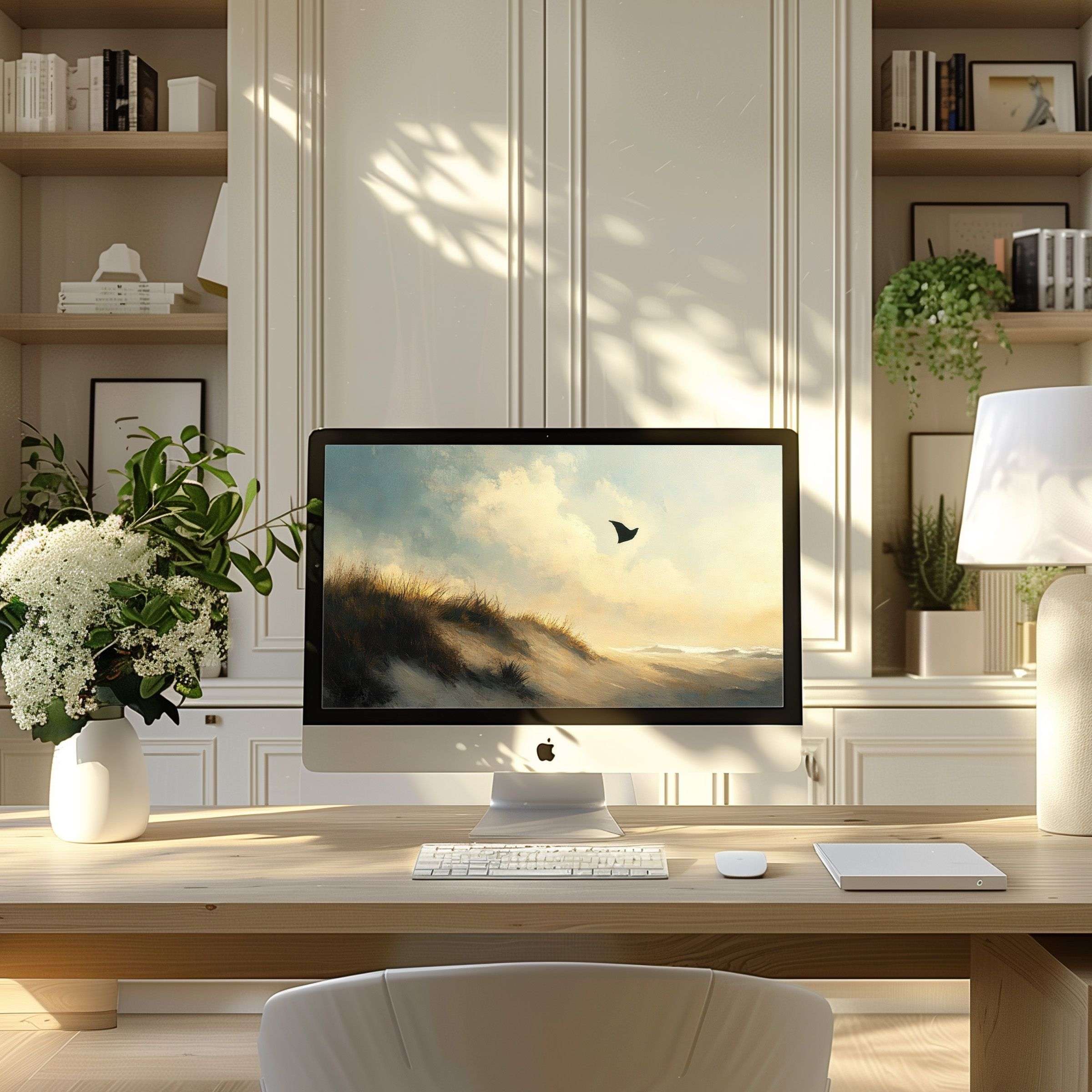 Elegant digital landscape wallpaper for computer inspiring calm, fits PC and Laptop in modern home office setting, digital download