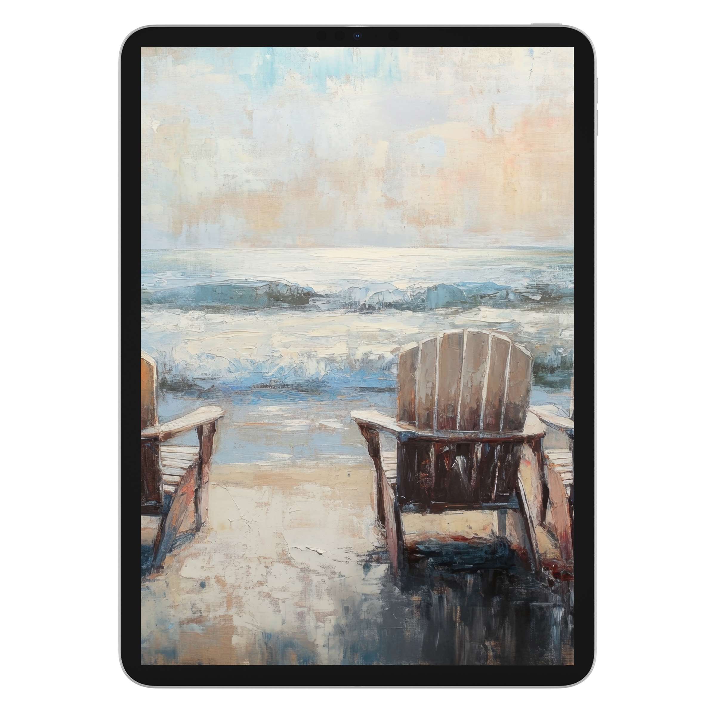 Beach iPad wallpaper with calming seascape; digital download features textured art, perfect background for tablets, inspiring tranquility