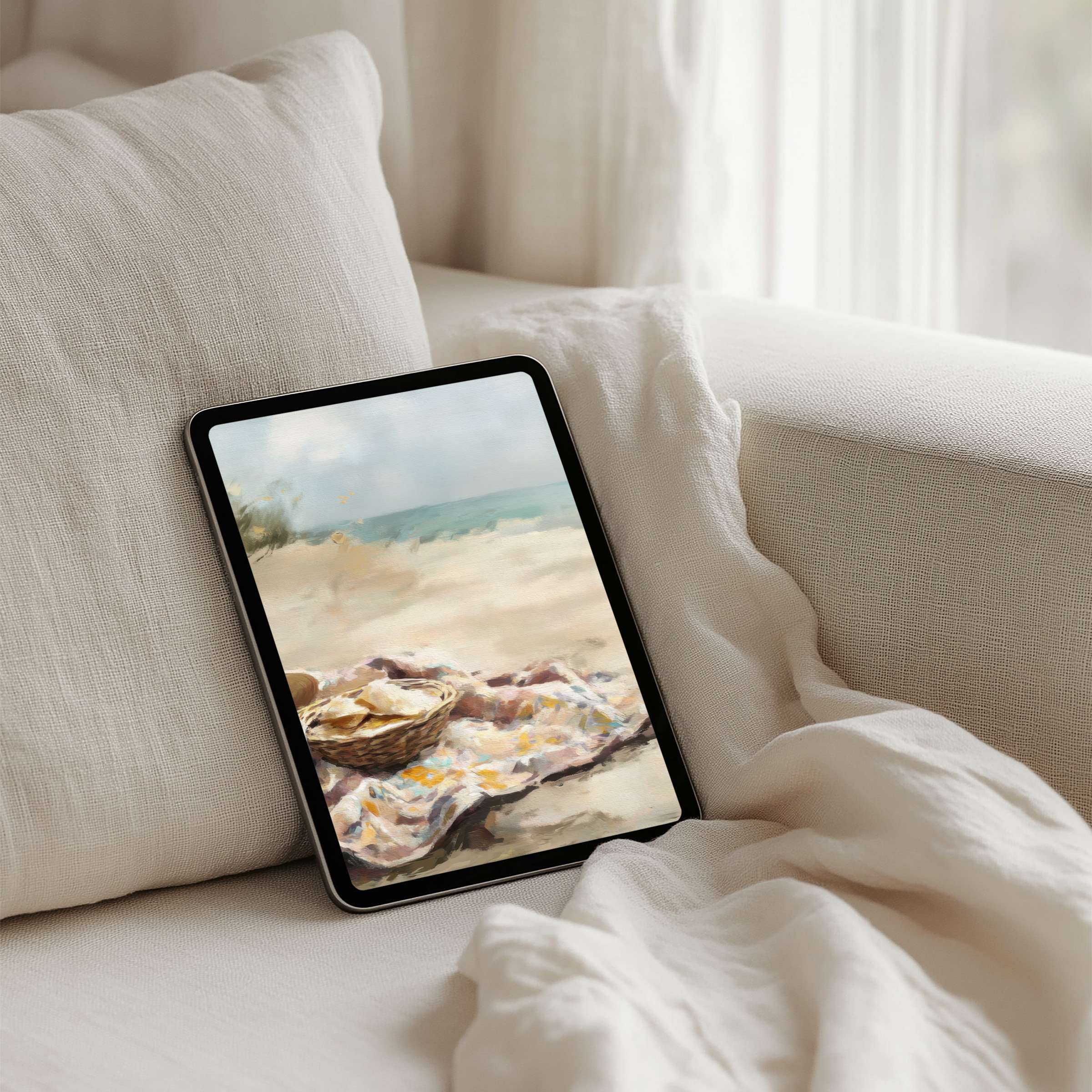 Elegant iPad background featuring serene beach art, perfect for tablets and instant download, inspiring a mindful, calming space