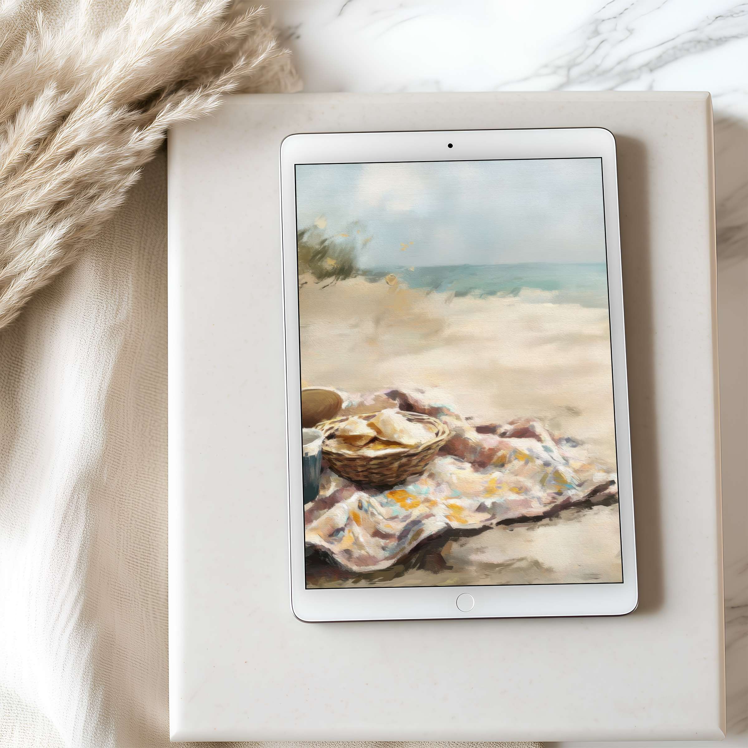 Tablet wallpaper featuring a serene beach scene with pastel tones evokes tranquility, perfect for iPad high-resolution digital download