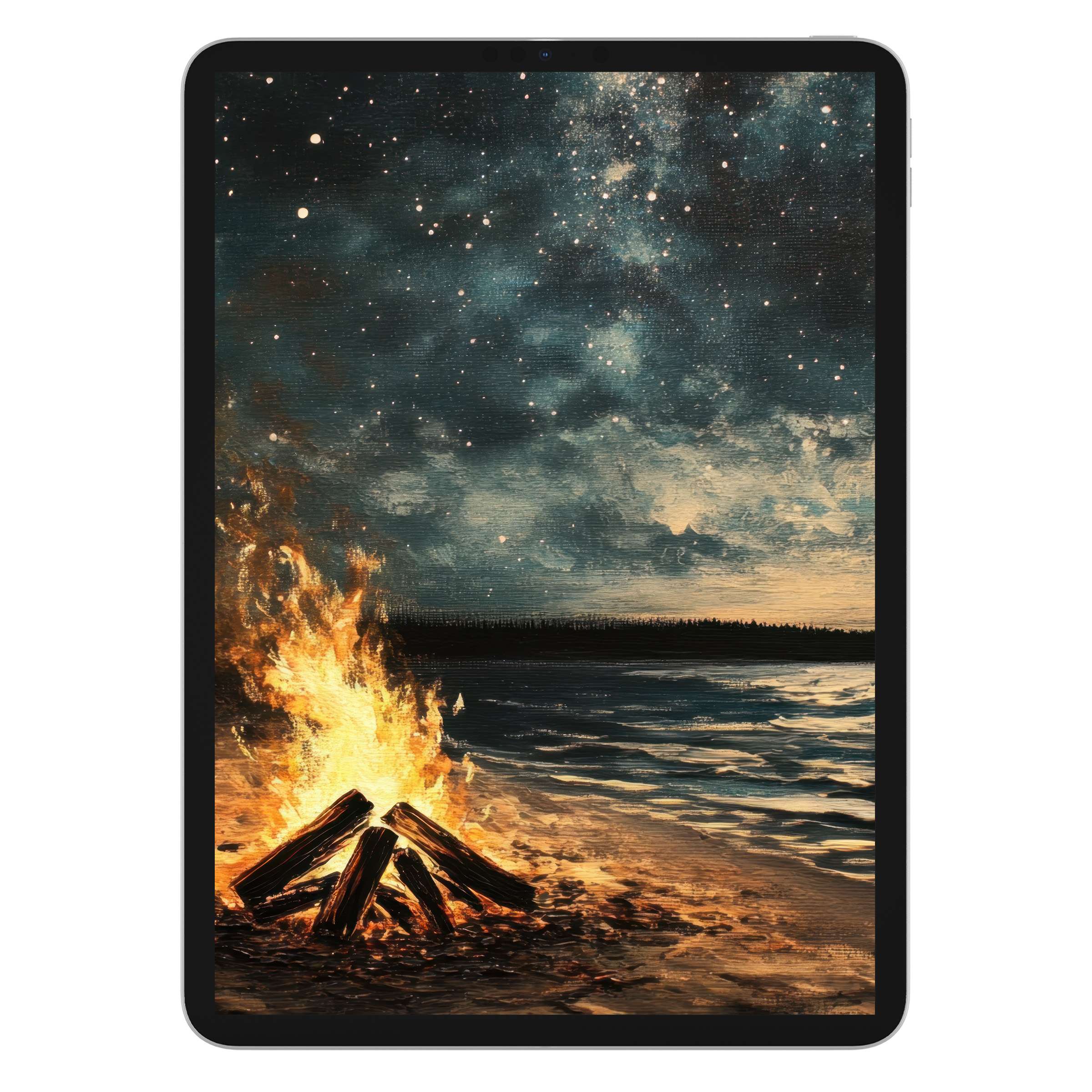 Starlit beach iPad wallpaper digital download captures serene night sky and campfire reflections, ideal tablet background for calm aesthetics