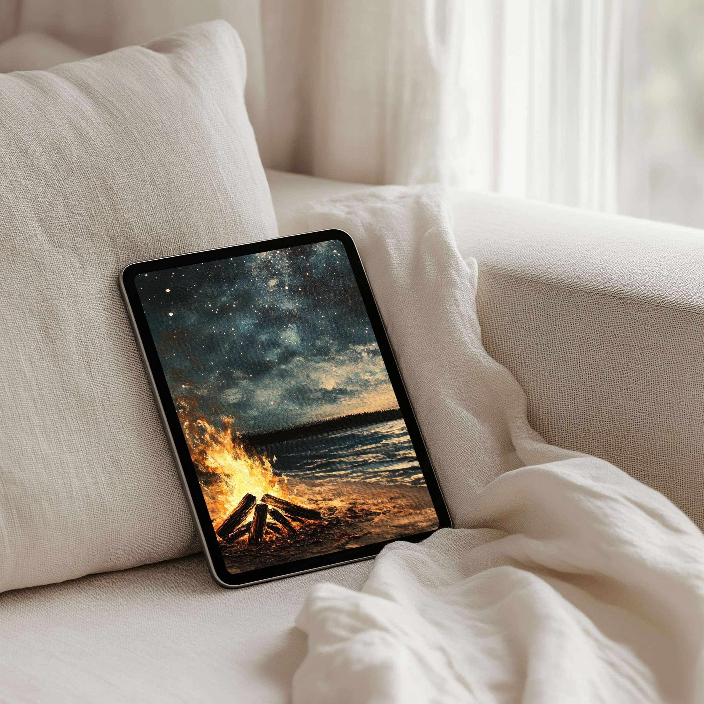 Elegant iPad background for instant download featuring a tranquil night sky and campfire, perfect for serene tablet aesthetics