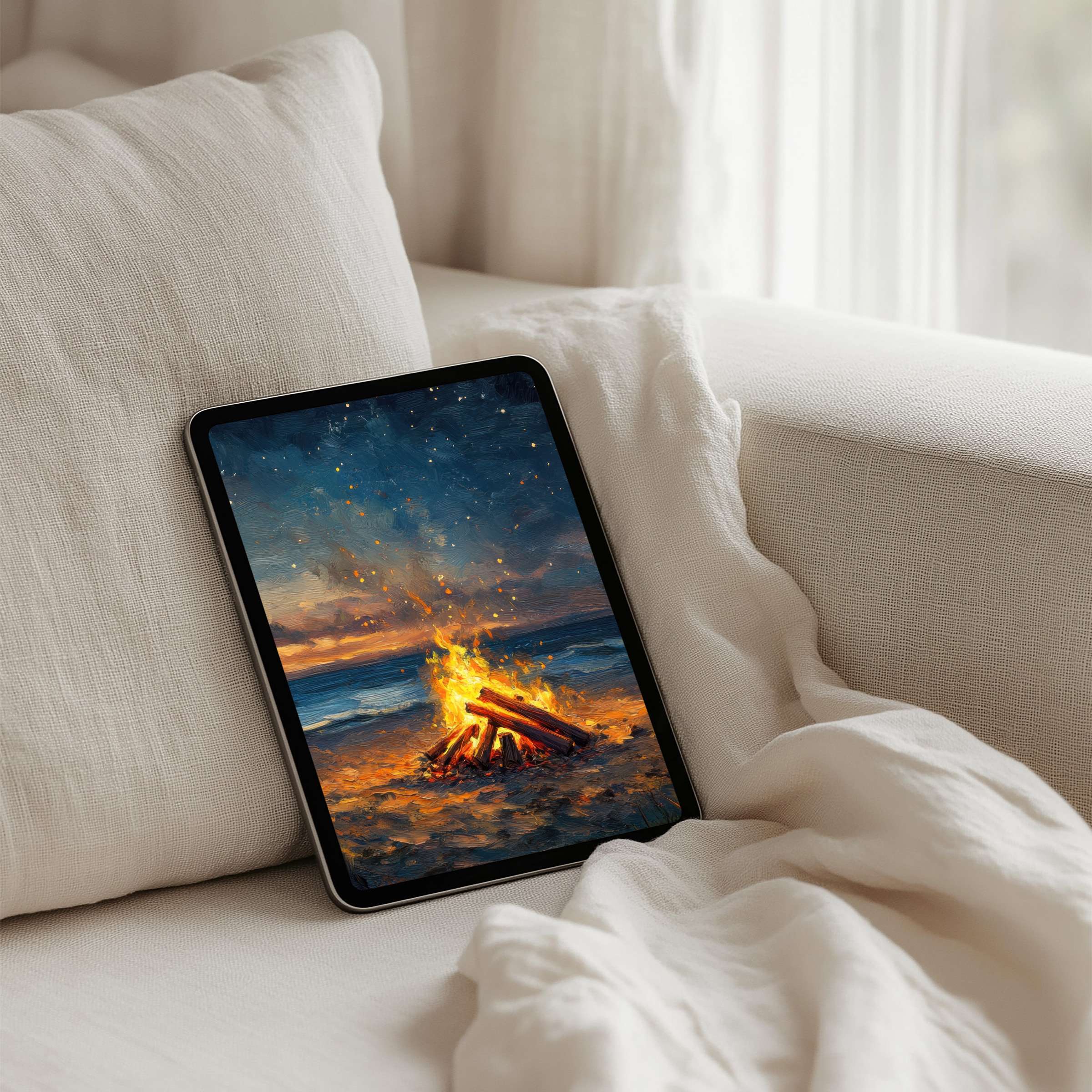 Elegant iPad background with serene beach bonfire art for calm inspiration instant download for tablet use