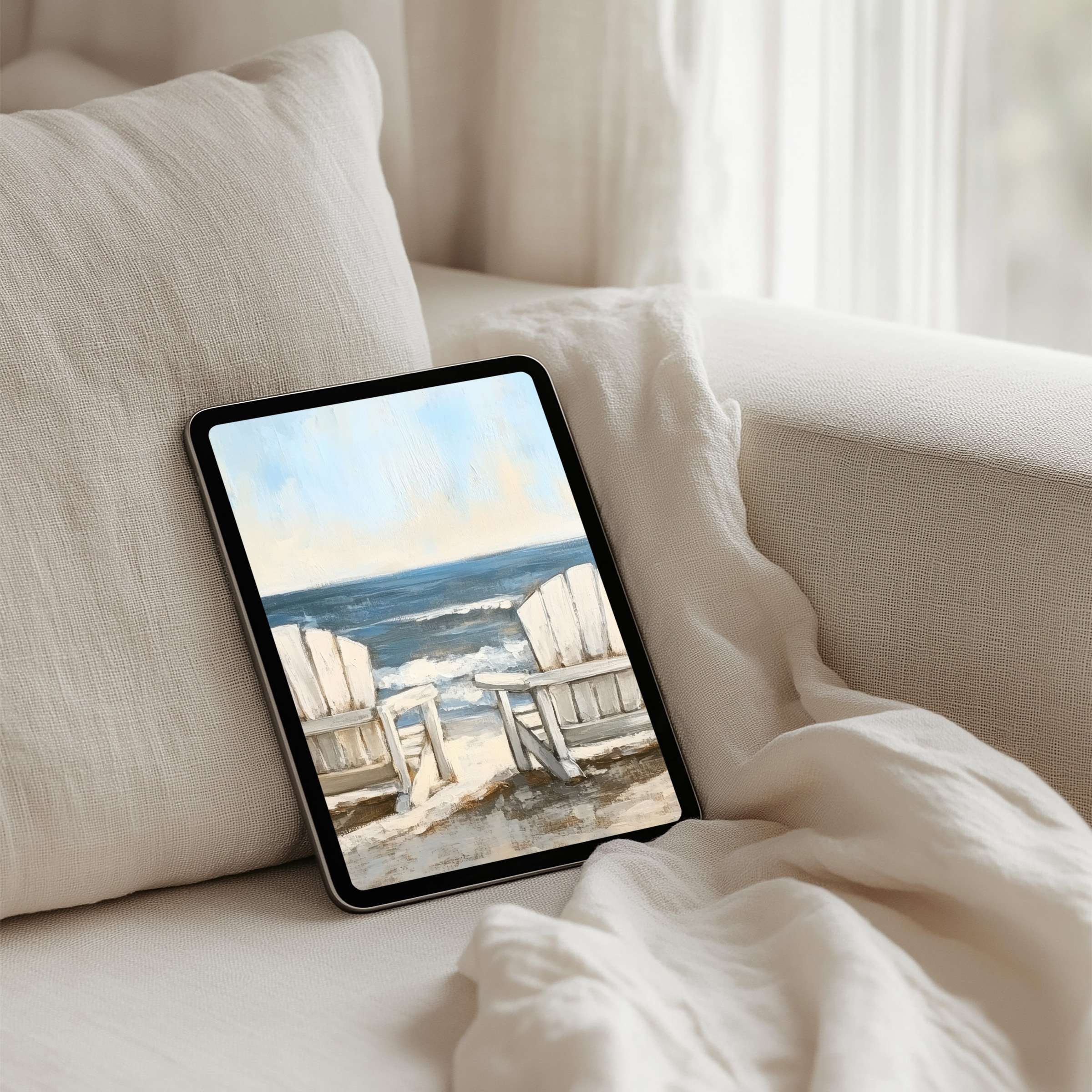 Elegant iPad background featuring serene coastal art enhances mindfulness with instant download for tablet users seeking inspiration