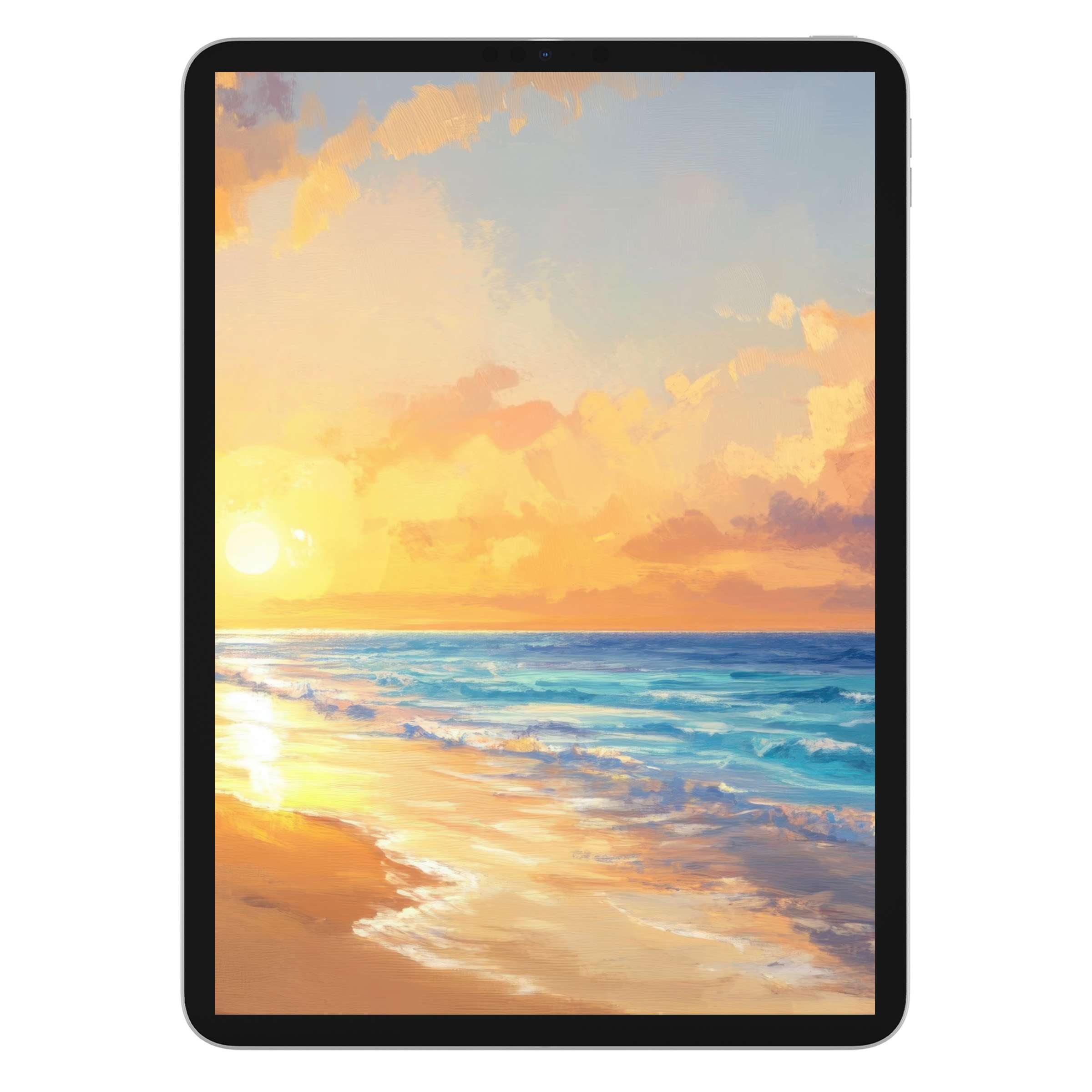 Sunset beach iPad wallpaper in soft pastels, perfect digital download for a calming tablet background, ideal for Android screens