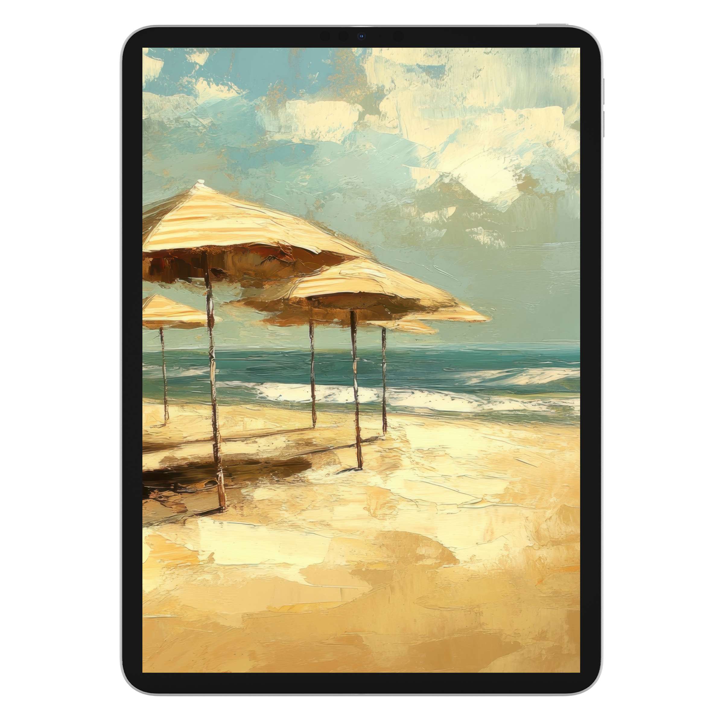 Elegant beach iPad wallpaper for tablet background featuring a serene sandy shore with watercolor umbrellas digital download available