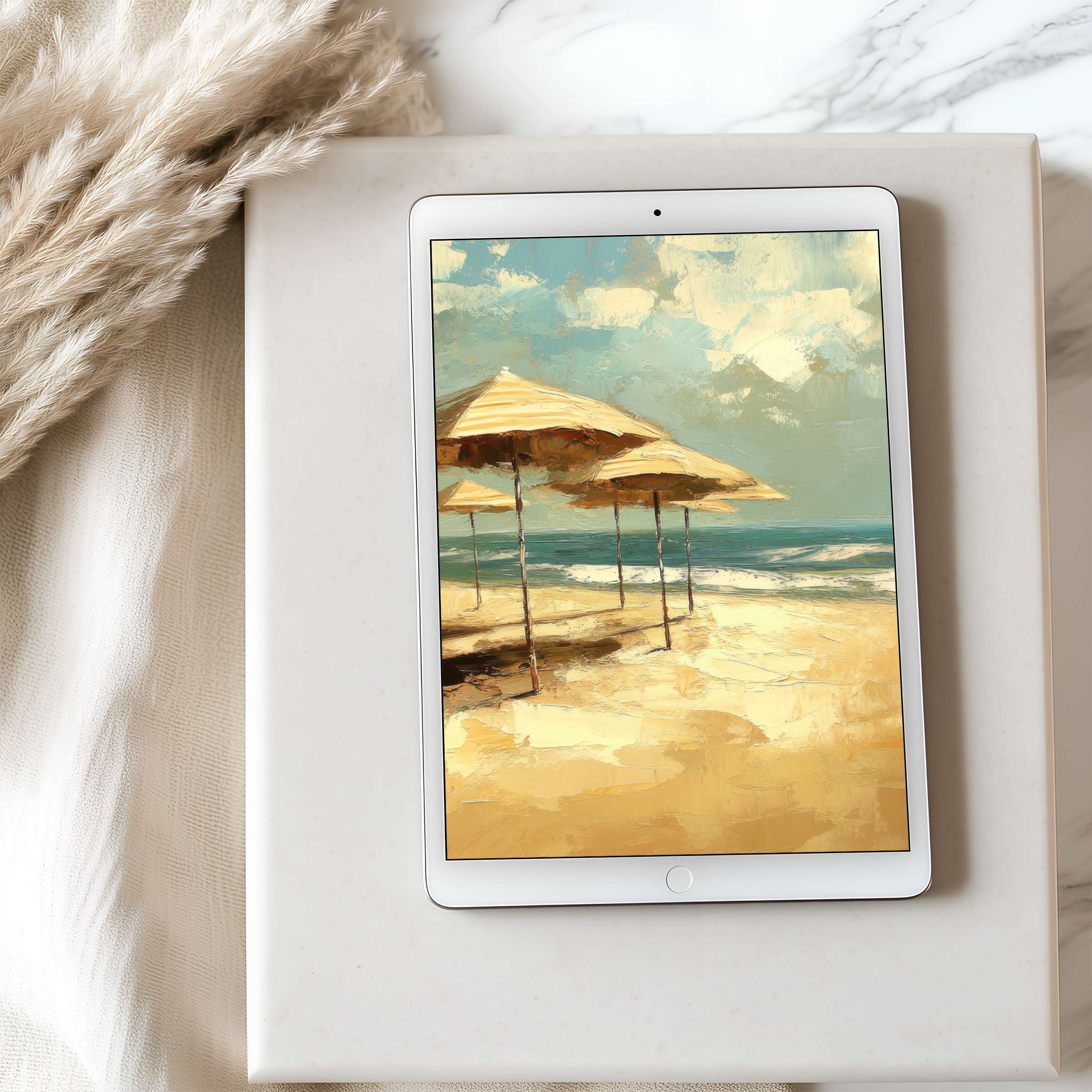 Elegant beach scene tablet wallpaper in high resolution, offering serene coastal vibes for iPad and Android digital download use