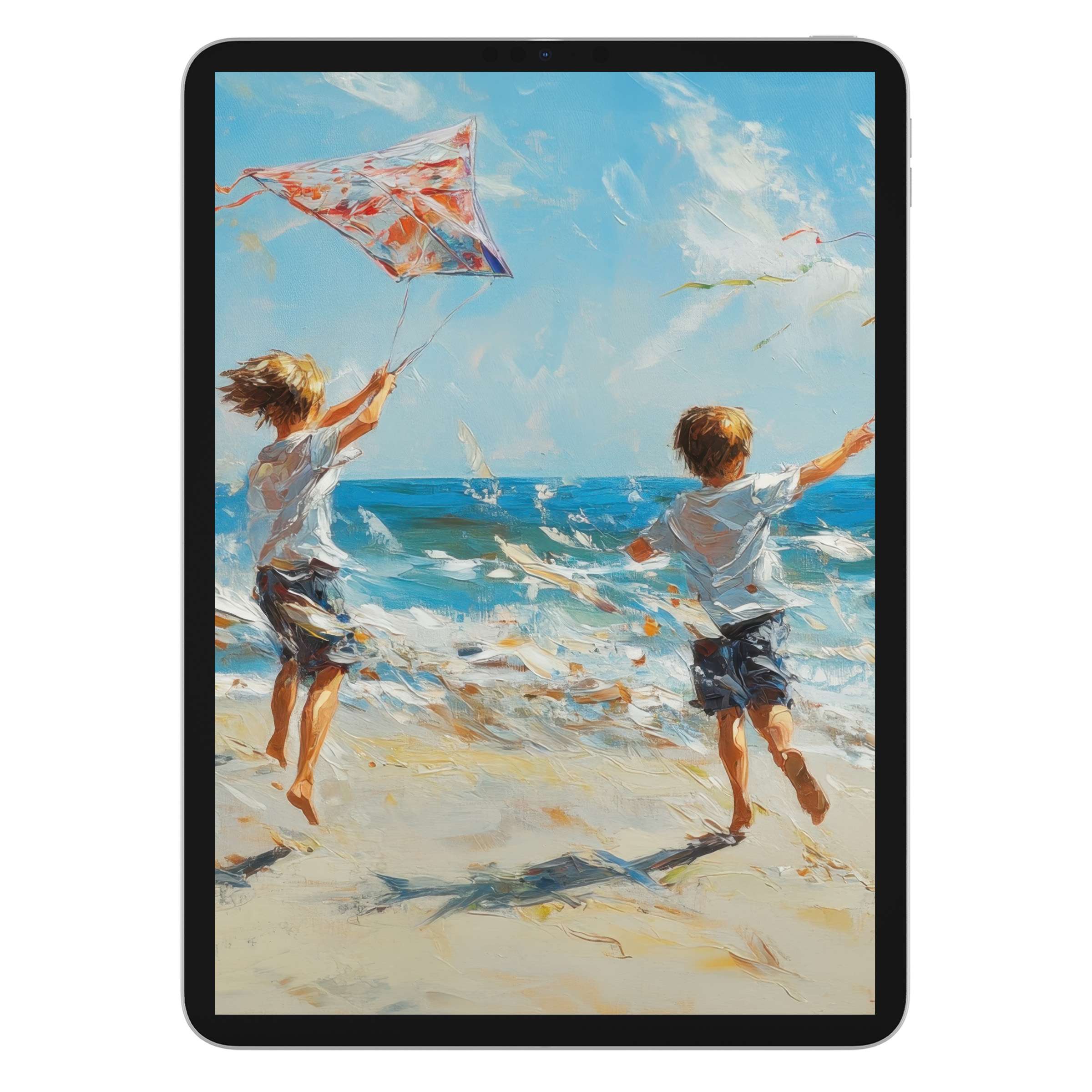 Inspire tranquility with this digital download beach iPad wallpaper featuring children flying a kite on a vibrant ocean background, ideal for tablets