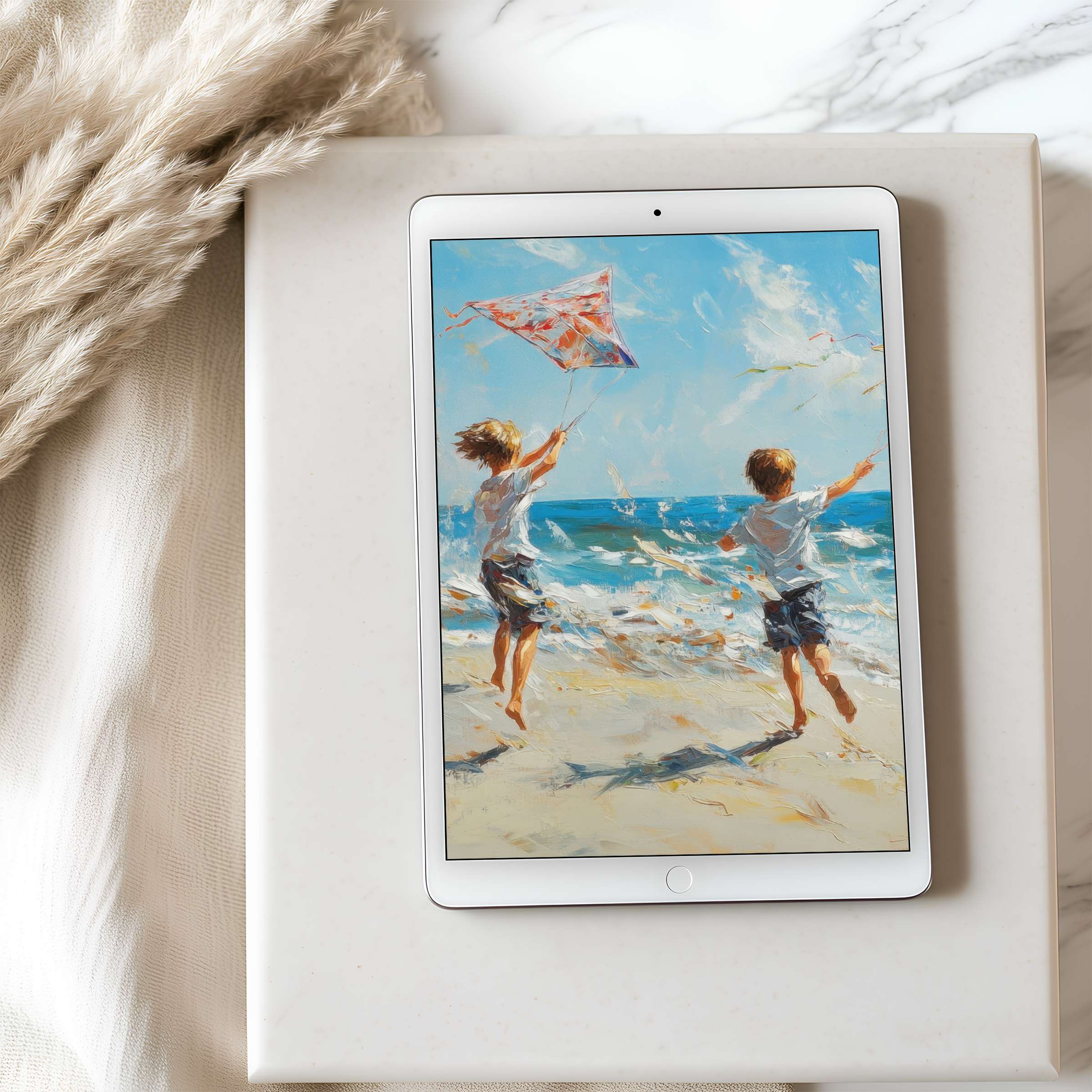 Serene beach scene tablet wallpaper with two children flying a kite, ideal for iPad and Android tablets, offering digital tranquility
