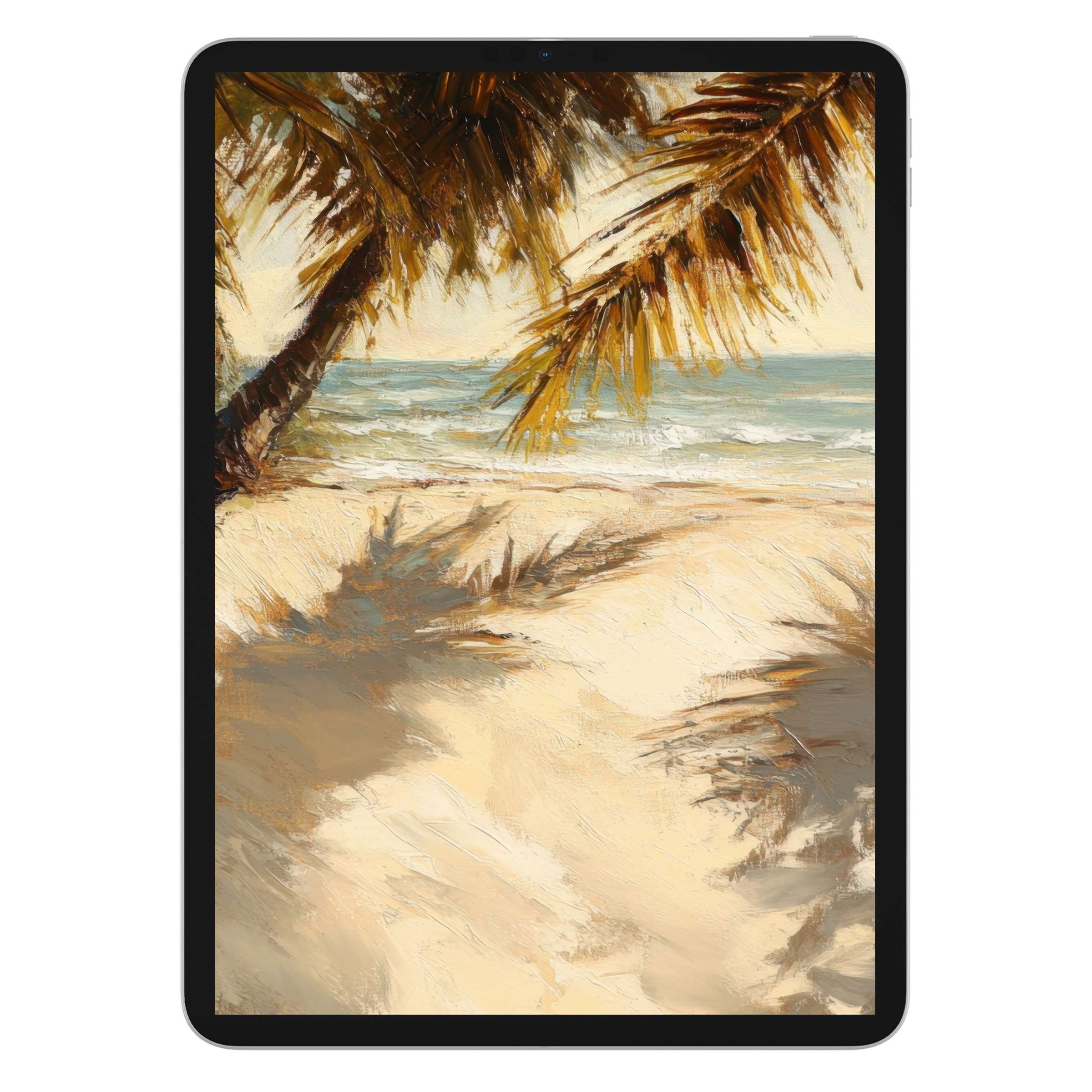 Elegant beach iPad wallpaper for tablet backgrounds features serene waves and palm shadows, a calming digital download for all devices