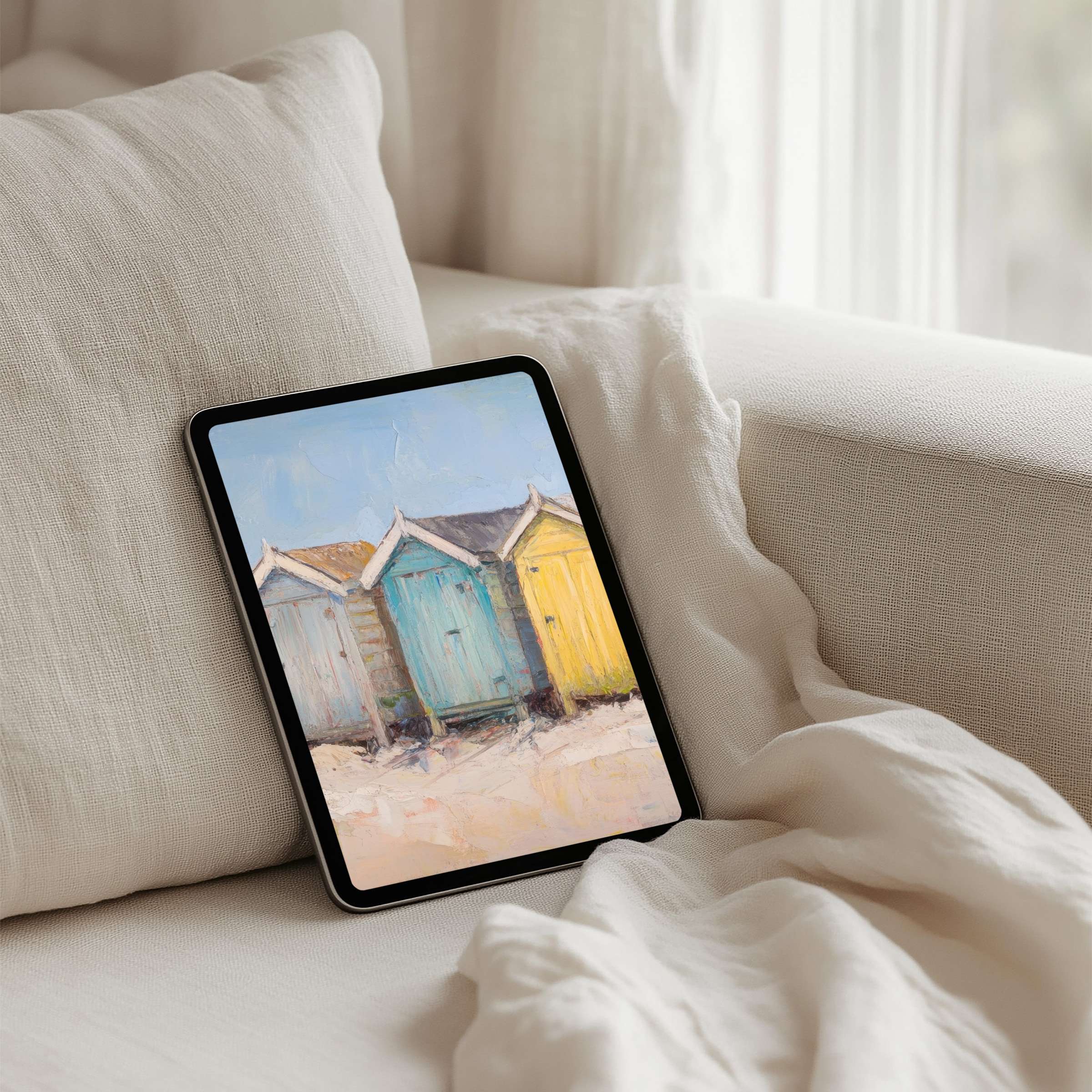 Elegant iPad background featuring soft beach hut painting offers instant download for tablet use inspiring calm and mindfulness